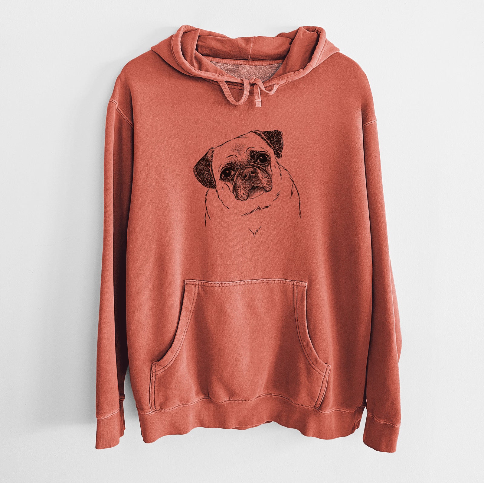 Hand-drawn sketch of Zoey the Pug on an Amber Unisex pigment dyed hoodie