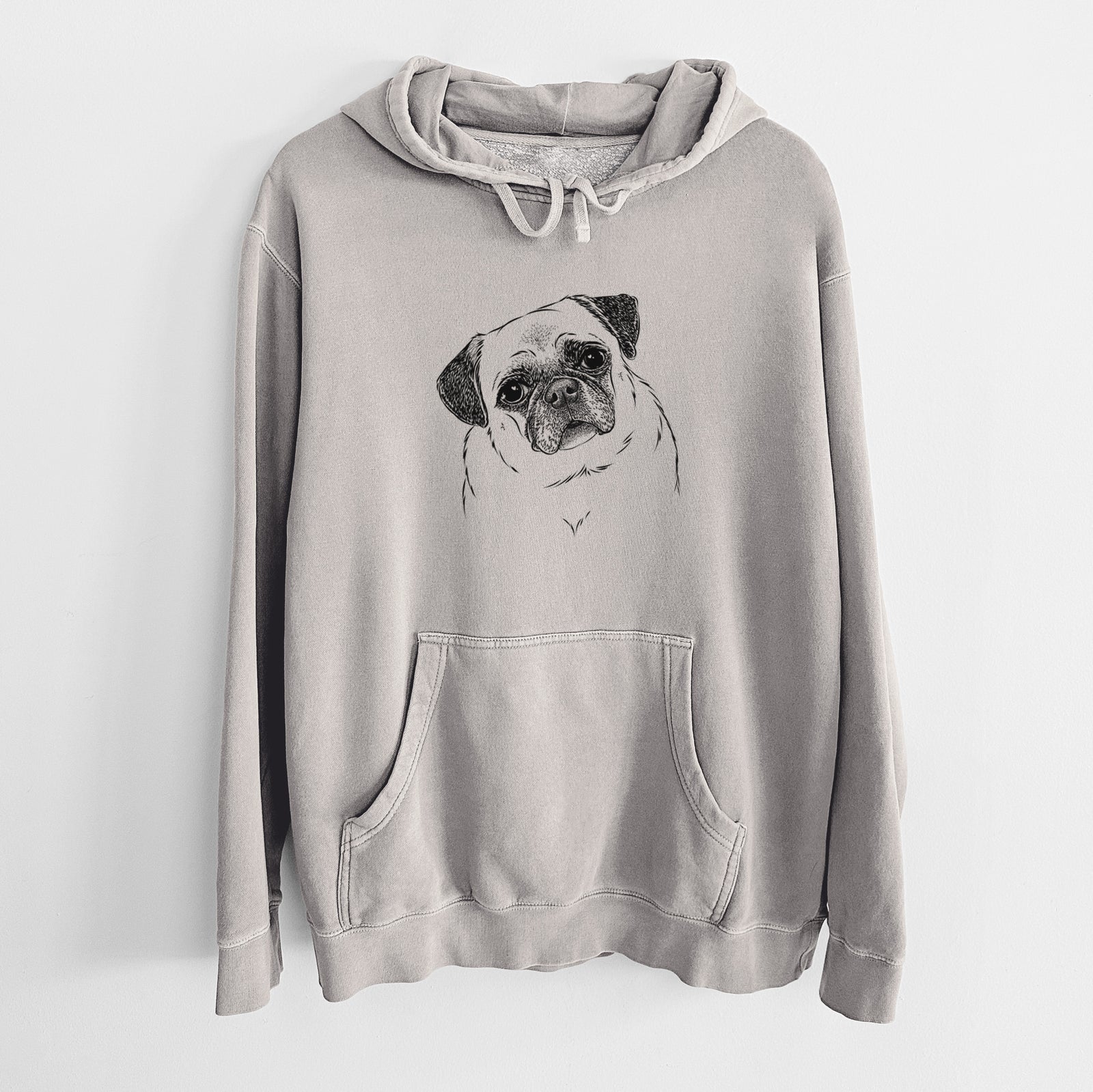 Hand-drawn sketch of Zoey the Pug on a Cement Unisex pigment dyed hoodie