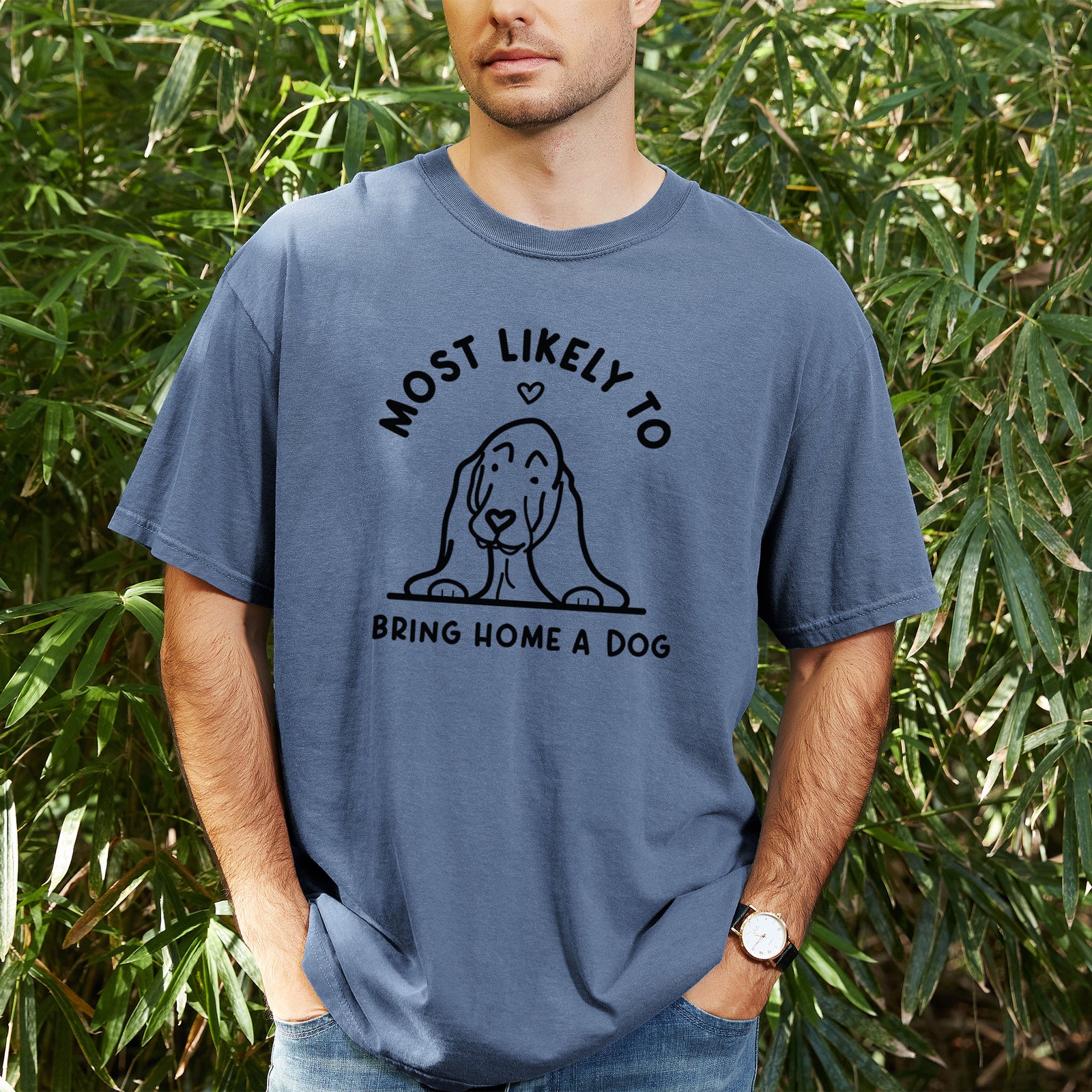 Most Likely to Bring Home a Dog - Basset Hound - Unisex Comfort Colors Garment-Dyed Heavyweight T-shirt, worn by model