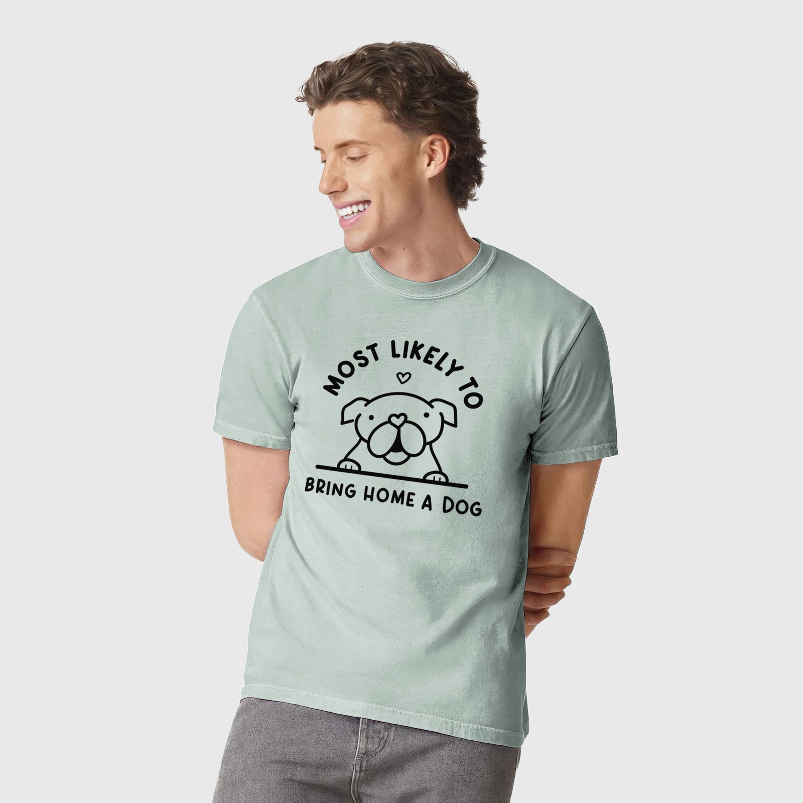 Most Likely to Bring Home a Dog - English Bulldog - Unisex Comfort Colors Garment-Dyed Heavyweight T-shirt, worn by model