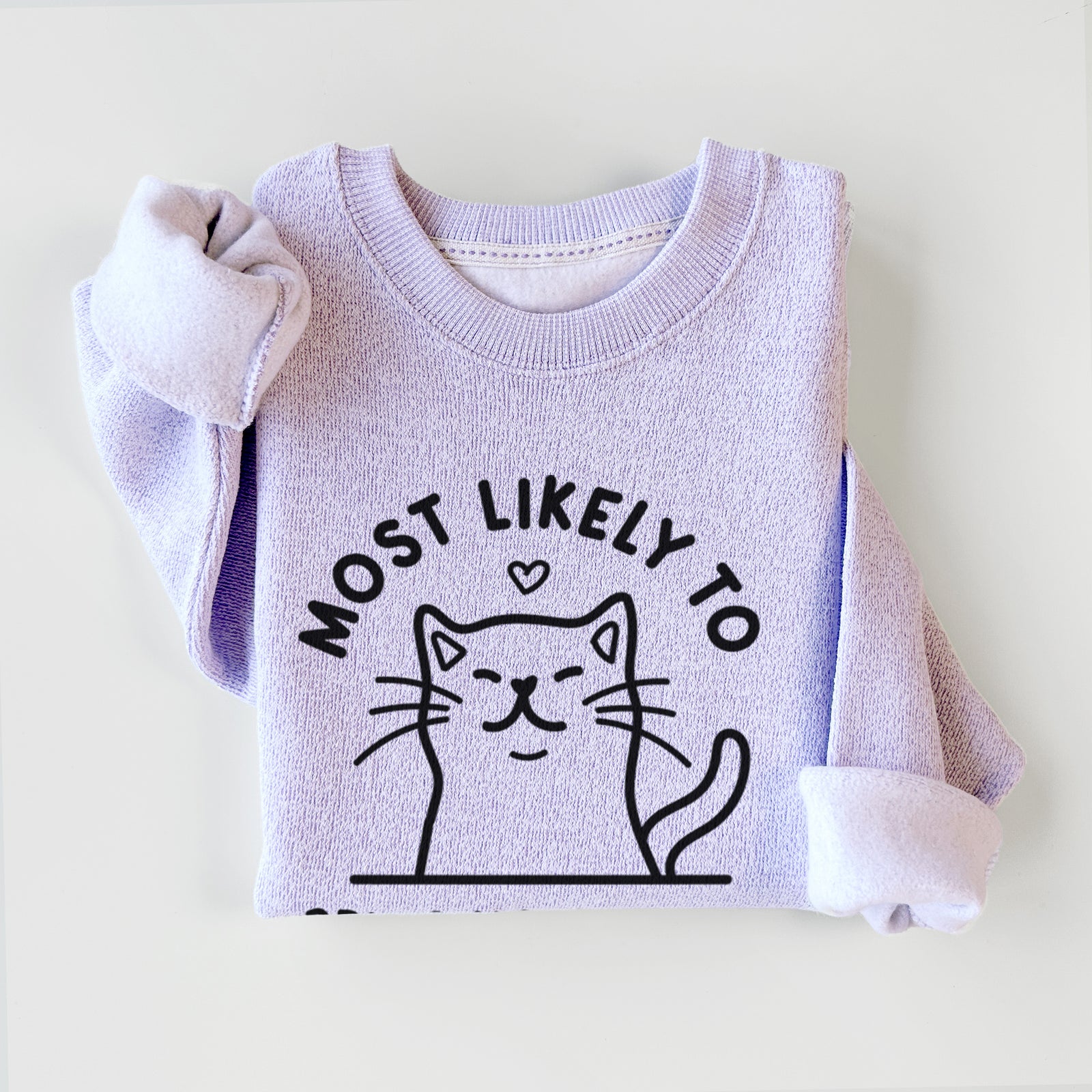 'Most Likely to Bring Home a Cat' design on an Ice Purple knit sweatshirt