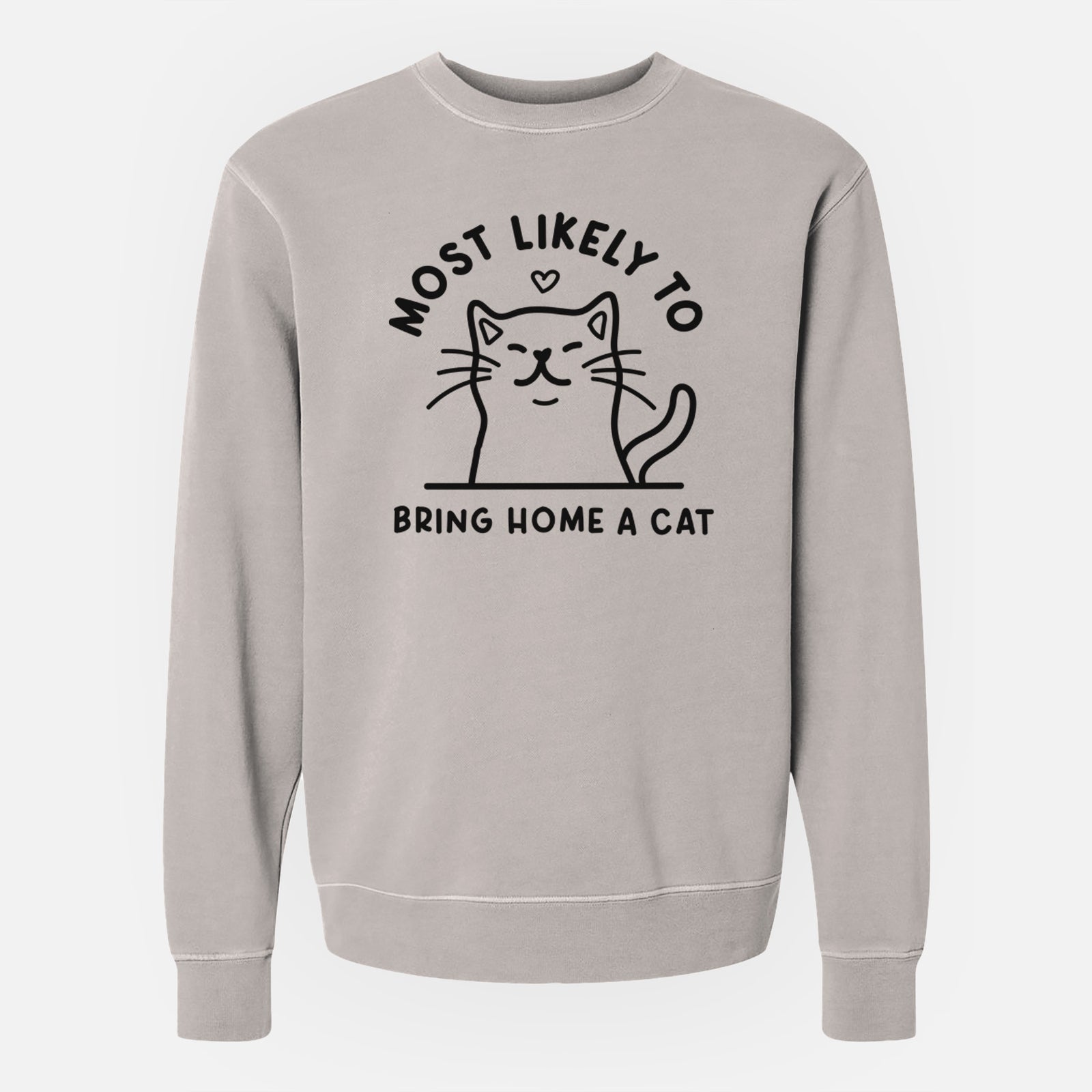 'Most Likely to Bring Home a Cat' design on a Cement Unisex pigment dyed crew sweatshirt