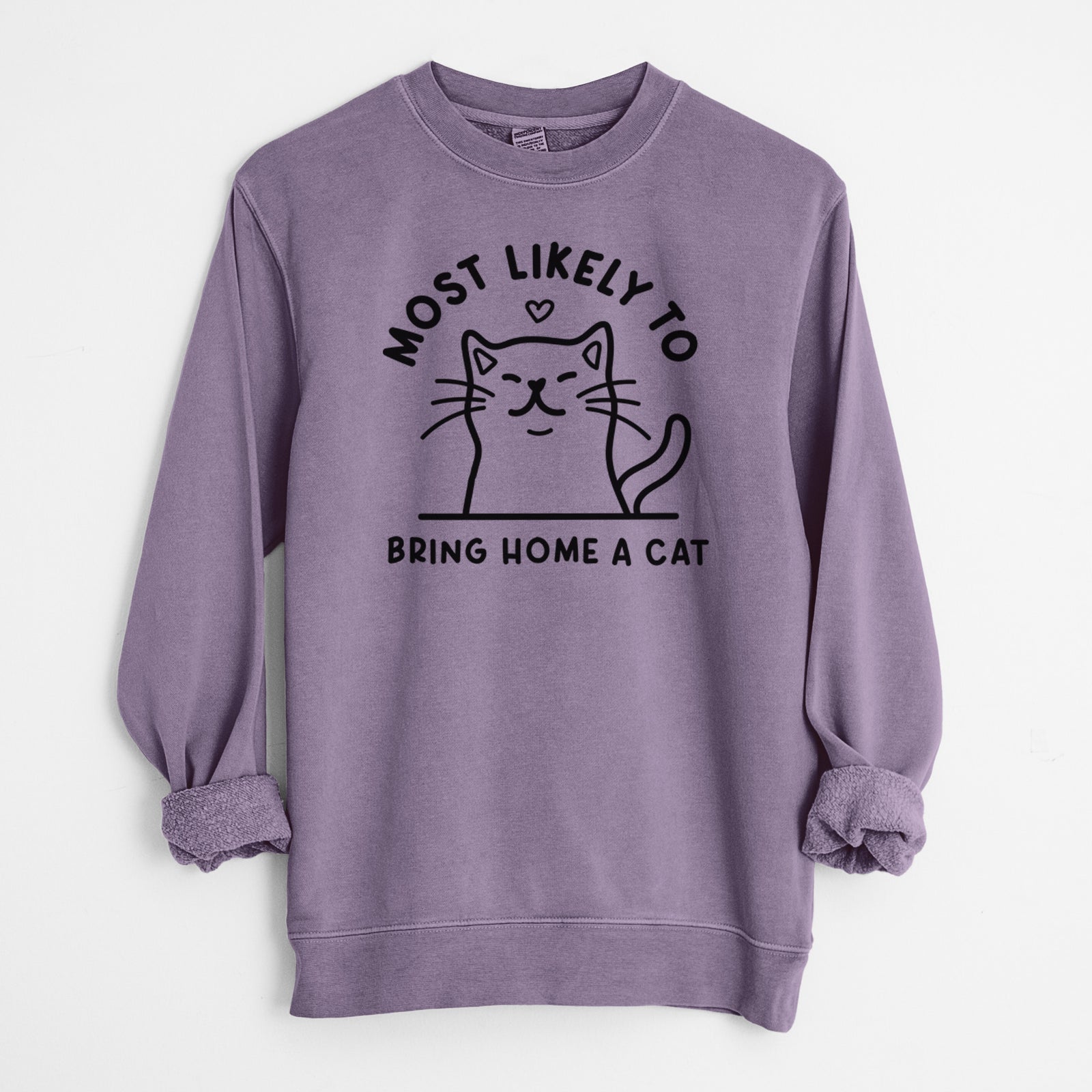 'Most Likely to Bring Home a Cat' design on a Plum Unisex pigment dyed crew sweatshirt