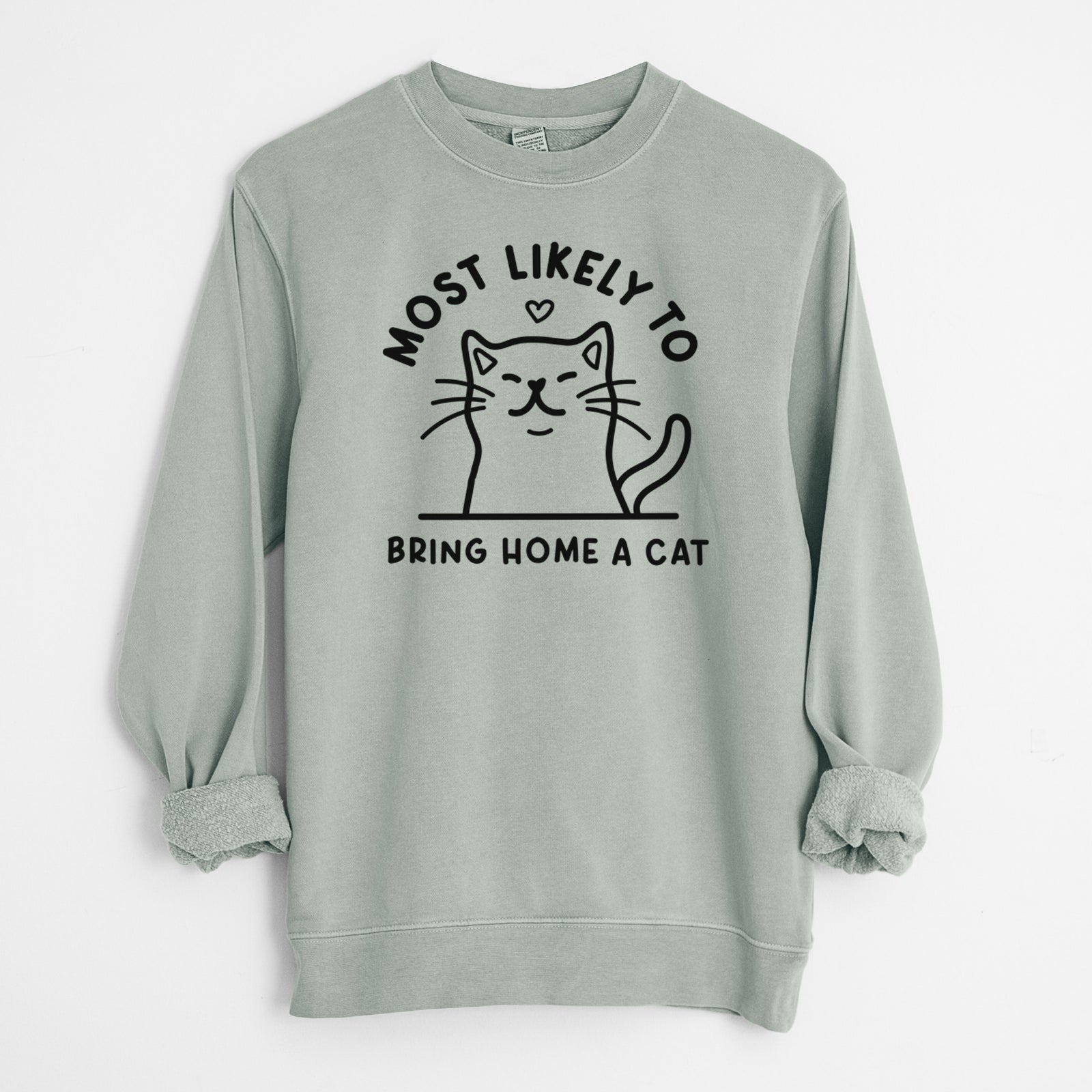 'Most Likely to Bring Home a Cat' design on a Sage Unisex pigment dyed crew sweatshirt