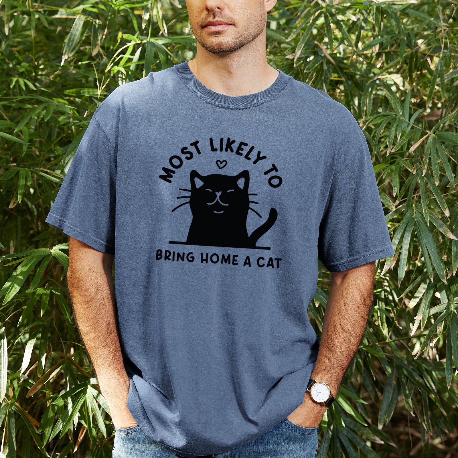 Most Likely to Bring Home a Cat - Black - Unisex Comfort Colors Garment-Dyed Heavyweight T-shirt, worn by model