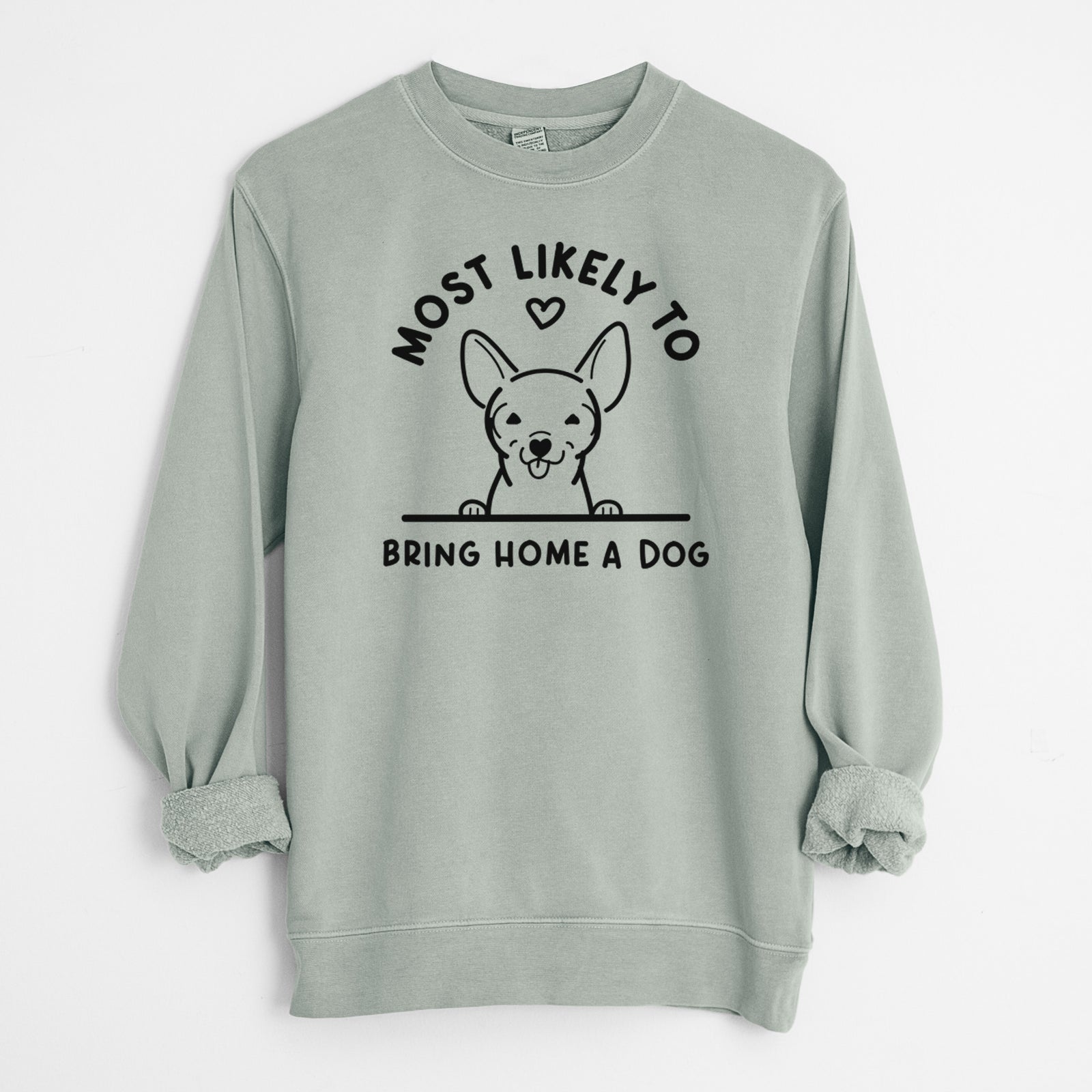 'Most Likely to Bring Home a Dog - Chihuahua' design on a Sage Unisex pigment dyed crew sweatshirt