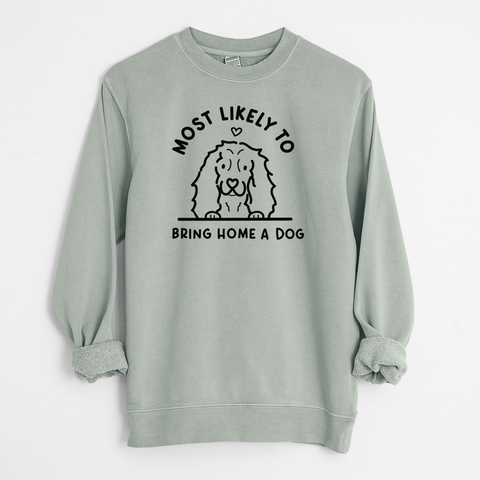 Most Likely to Bring Home a Dog - Cocker Spaniel - Unisex Pigment Dyed Crew Sweatshirt in Sage