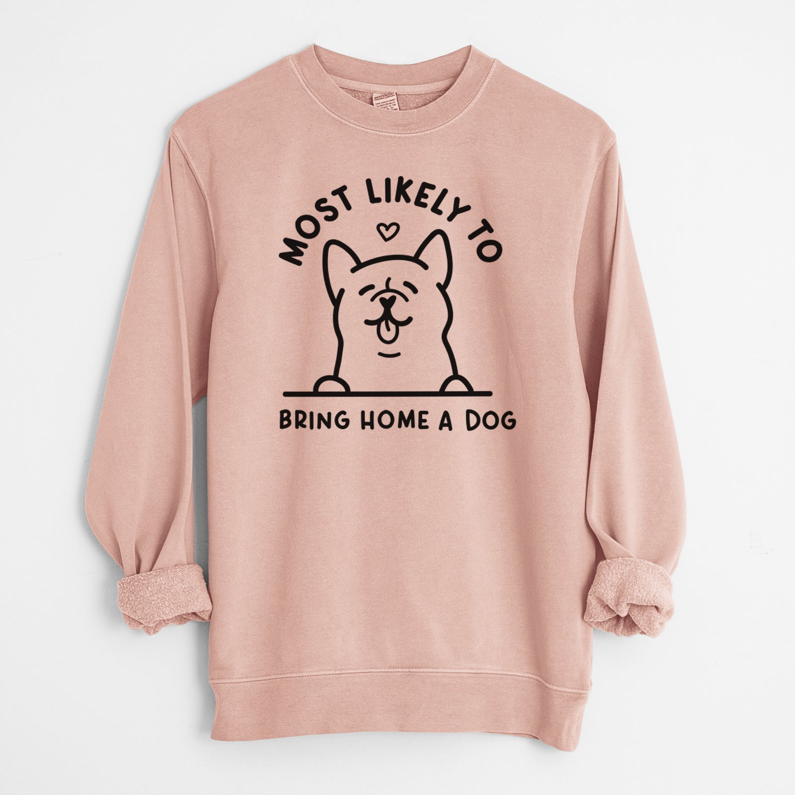 'Most Likely to Bring Home a Dog' design on a Dusty Pink Unisex pigment dyed crew sweatshirt