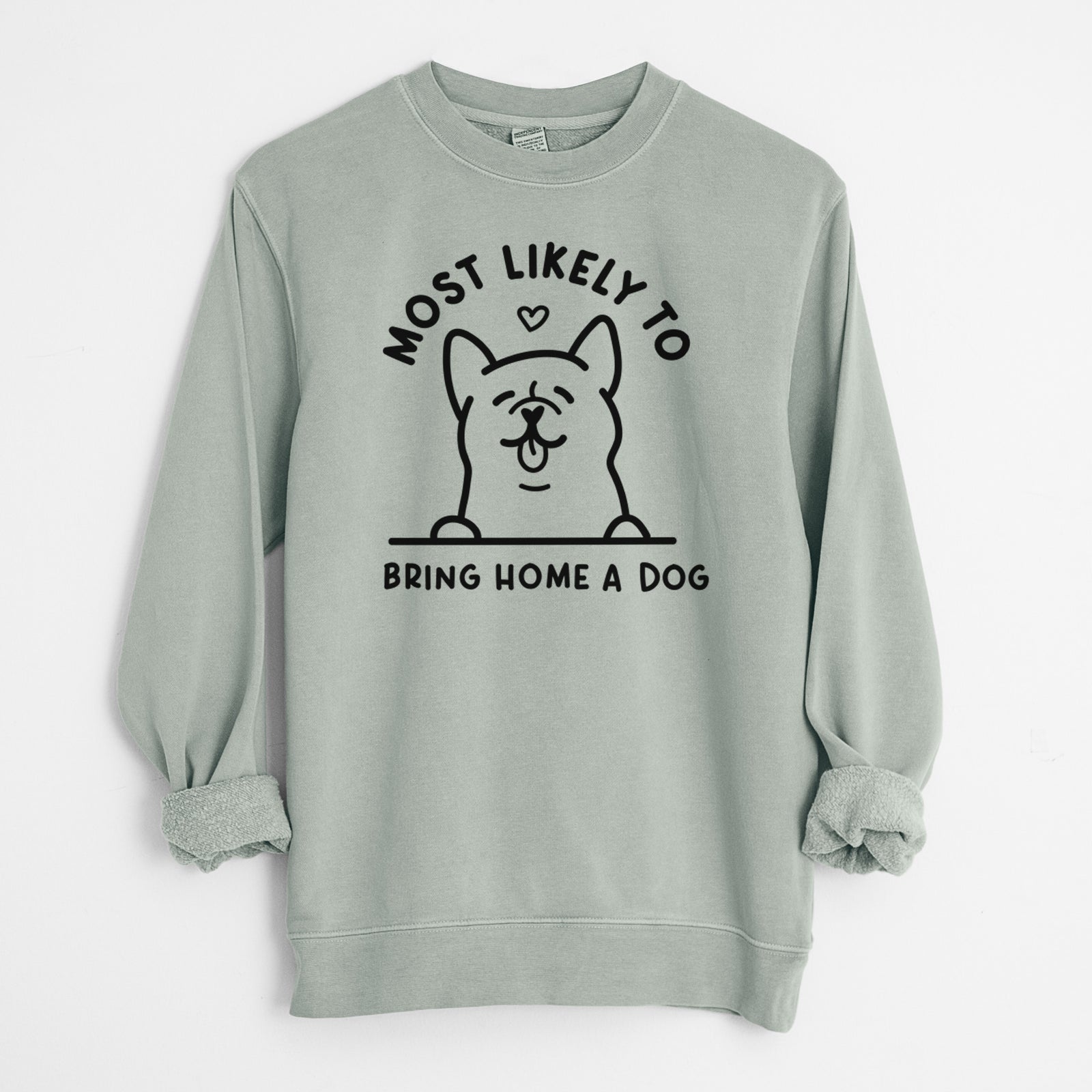 'Most Likely to Bring Home a Dog' design on a Sage Unisex pigment dyed crew sweatshirt
