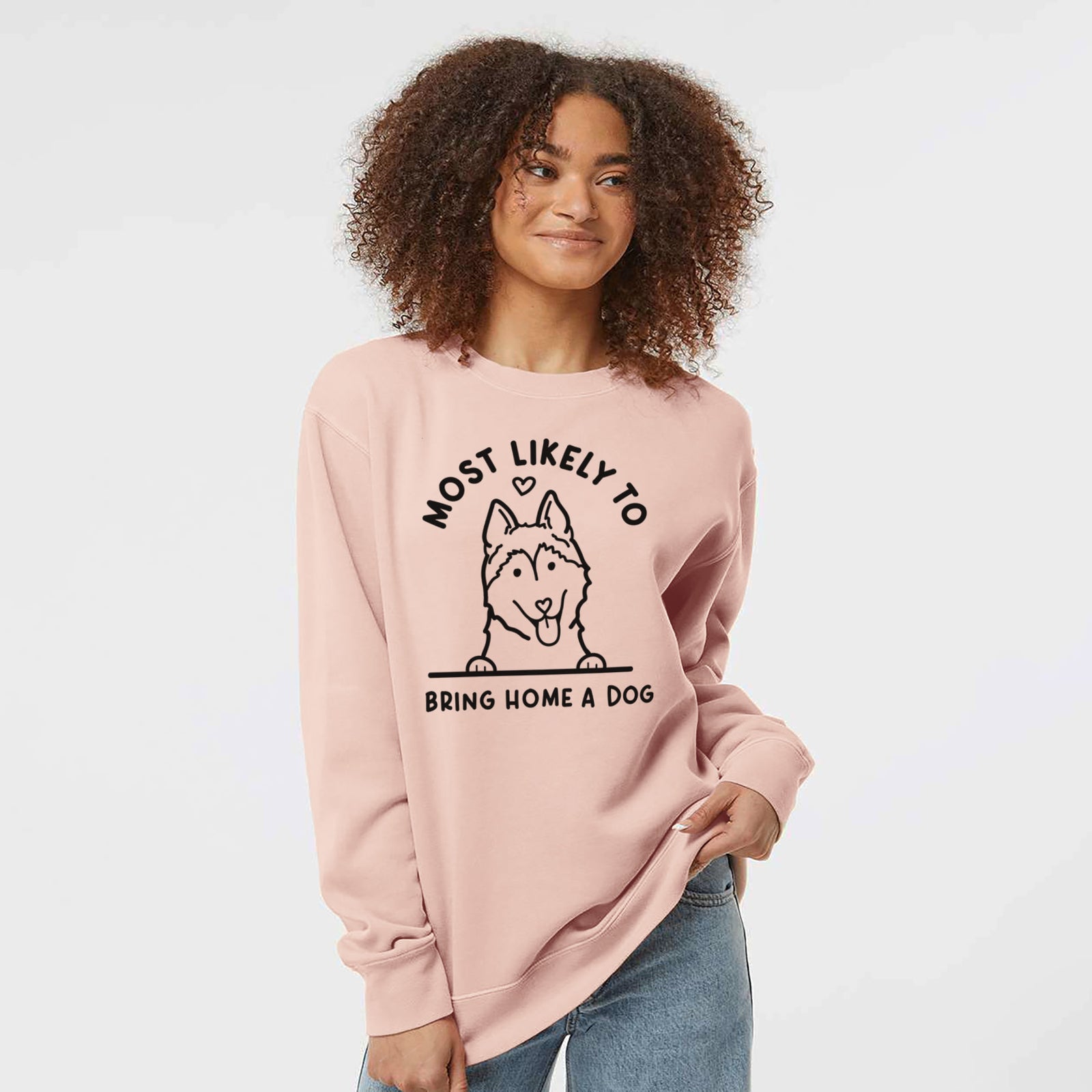 'Most Likely to Bring Home a Dog - Siberian Husky' design on a Dusty Pink Unisex pigment dyed crew sweatshirt