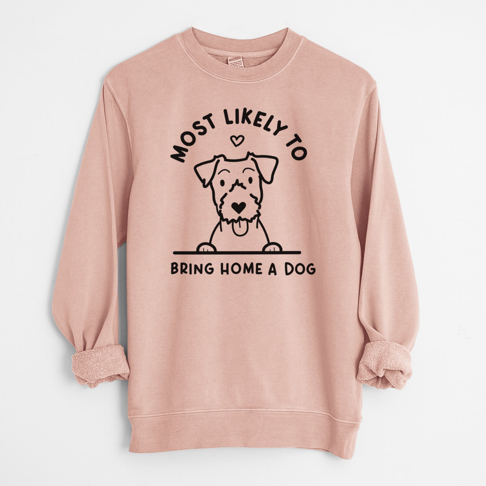 'Most Likely to Bring Home a Dog - Jack Russell' design on a Dusty Pink Unisex pigment dyed crew sweatshirt