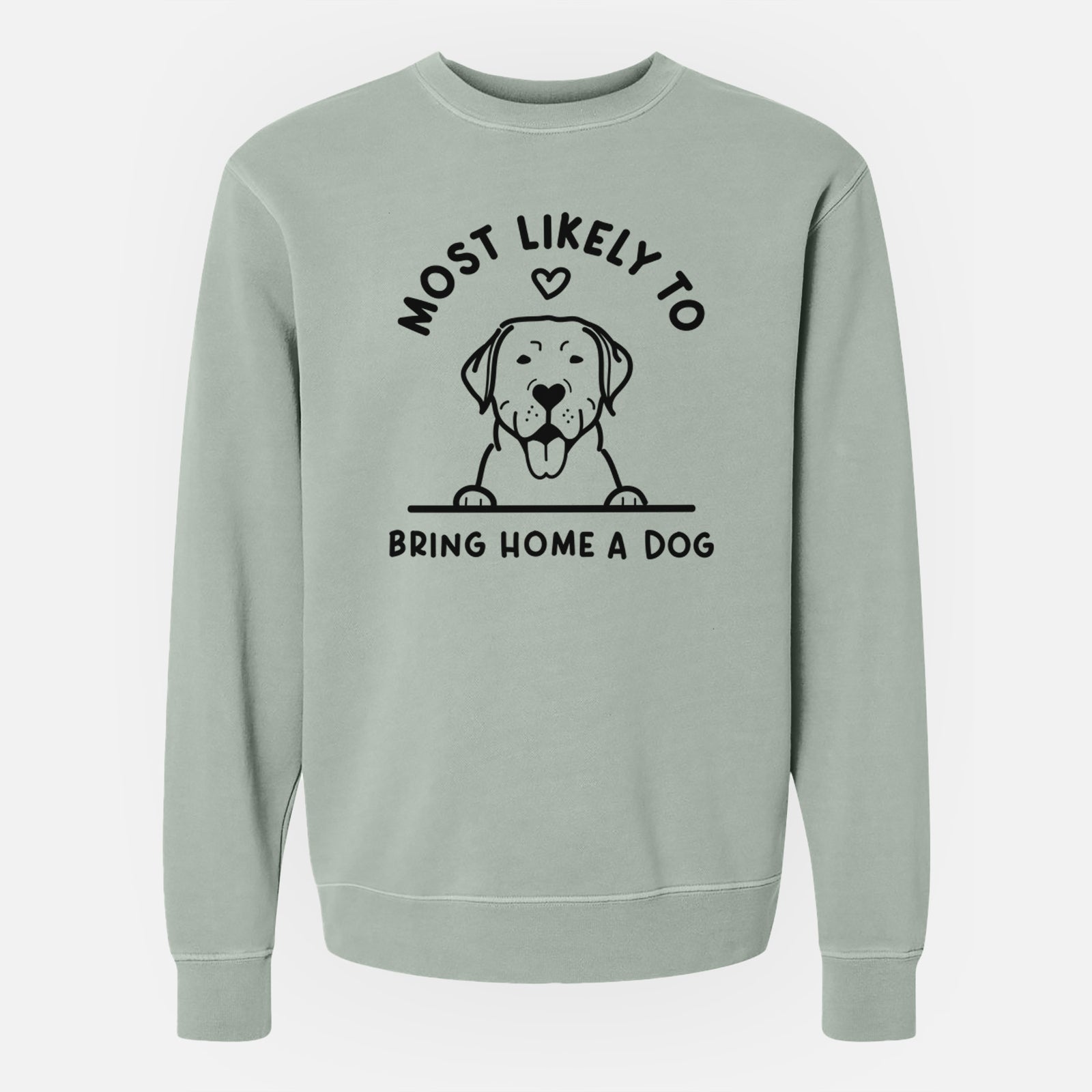 'Most Likely to Bring Home a Dog - Labrador Retriever' design on a Sage Unisex pigment dyed crew sweatshirt