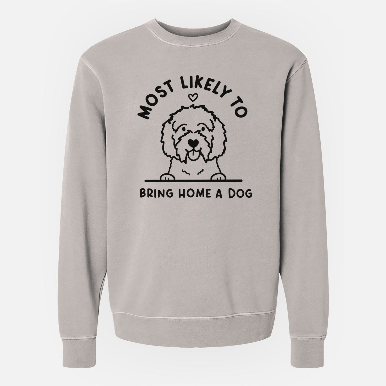 'Most Likely to Bring Home a Dog - Maltipoo' design on a Cement Unisex pigment dyed crew sweatshirt