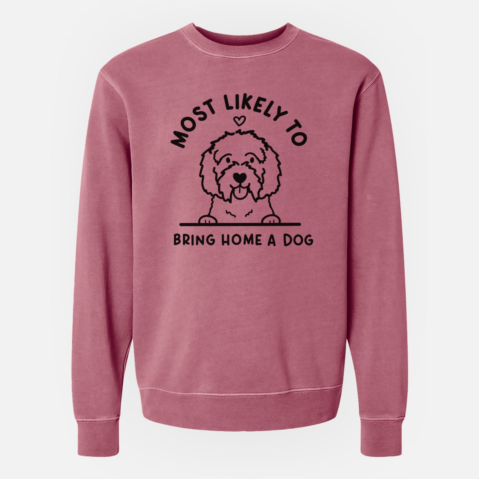 'Most Likely to Bring Home a Dog - Maltipoo' design on a Maroon Unisex pigment dyed crew sweatshirt