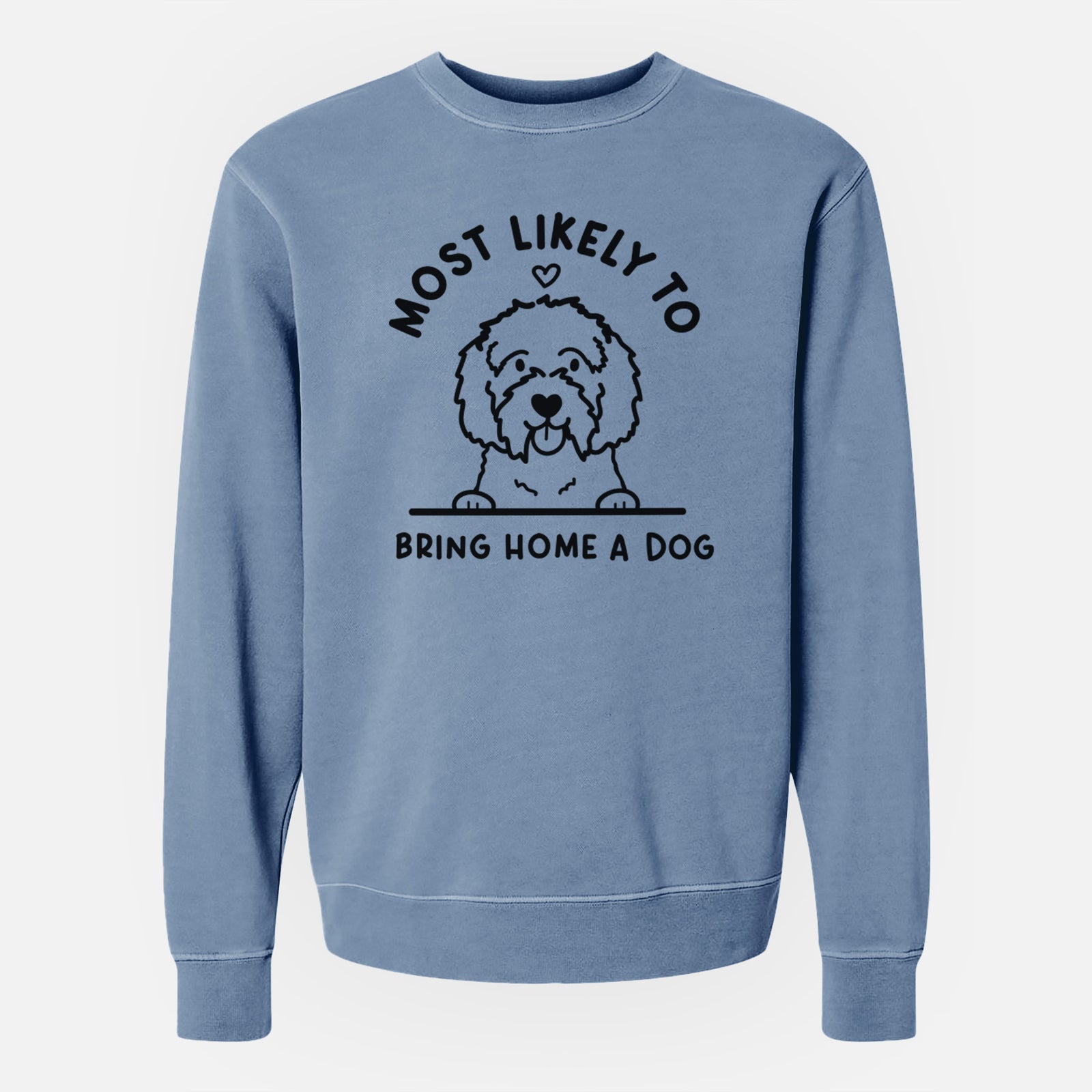 'Most Likely to Bring Home a Dog - Maltipoo' design on a Slate Blue Unisex pigment dyed crew sweatshirt