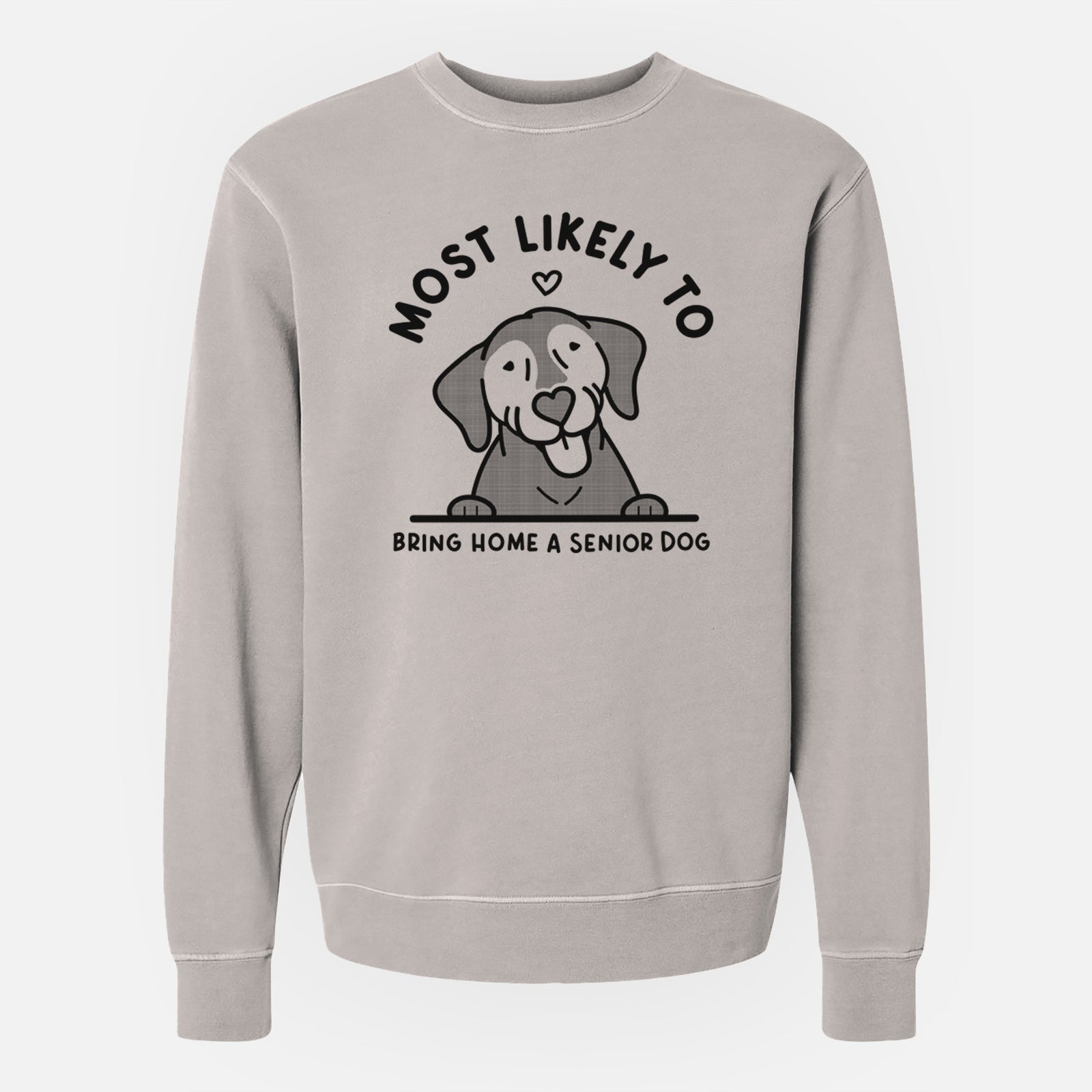 'Most Likely to Bring Home a Senior Dog' design on a Cement Unisex pigment dyed crew sweatshirt