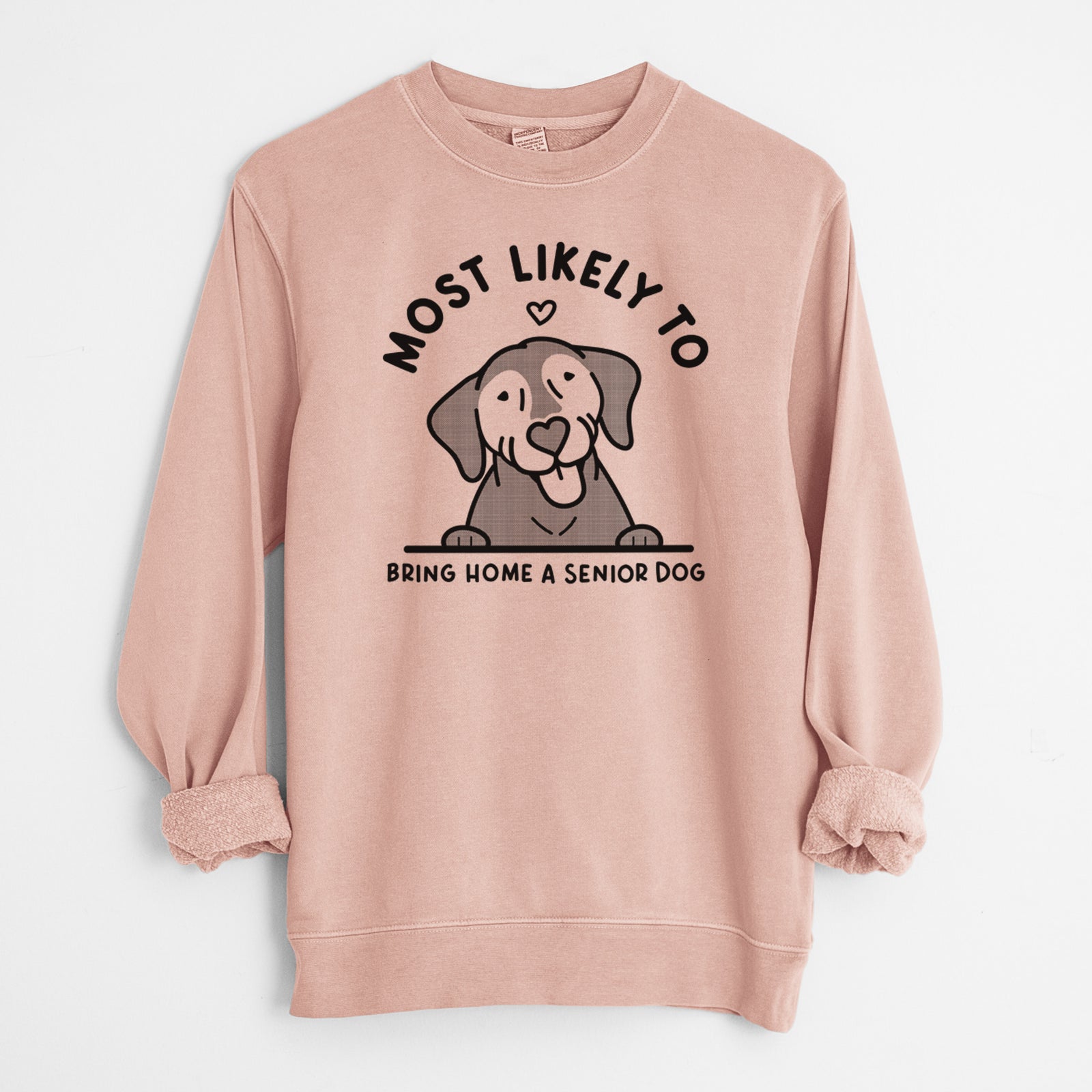 'Most Likely to Bring Home a Senior Dog' design on a Dusty Pink Unisex pigment dyed crew sweatshirt