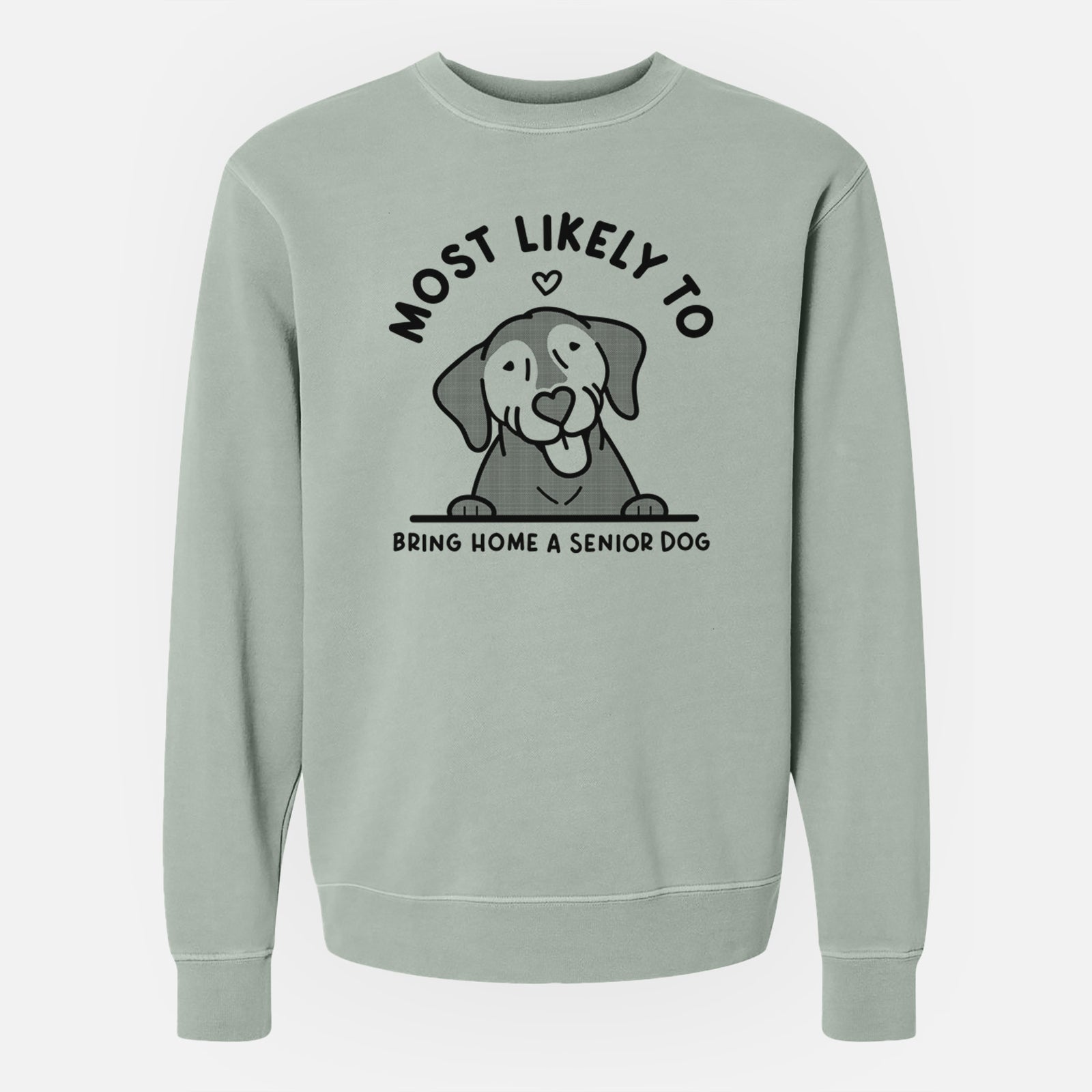 'Most Likely to Bring Home a Senior Dog' design on a Sage Unisex pigment dyed crew sweatshirt