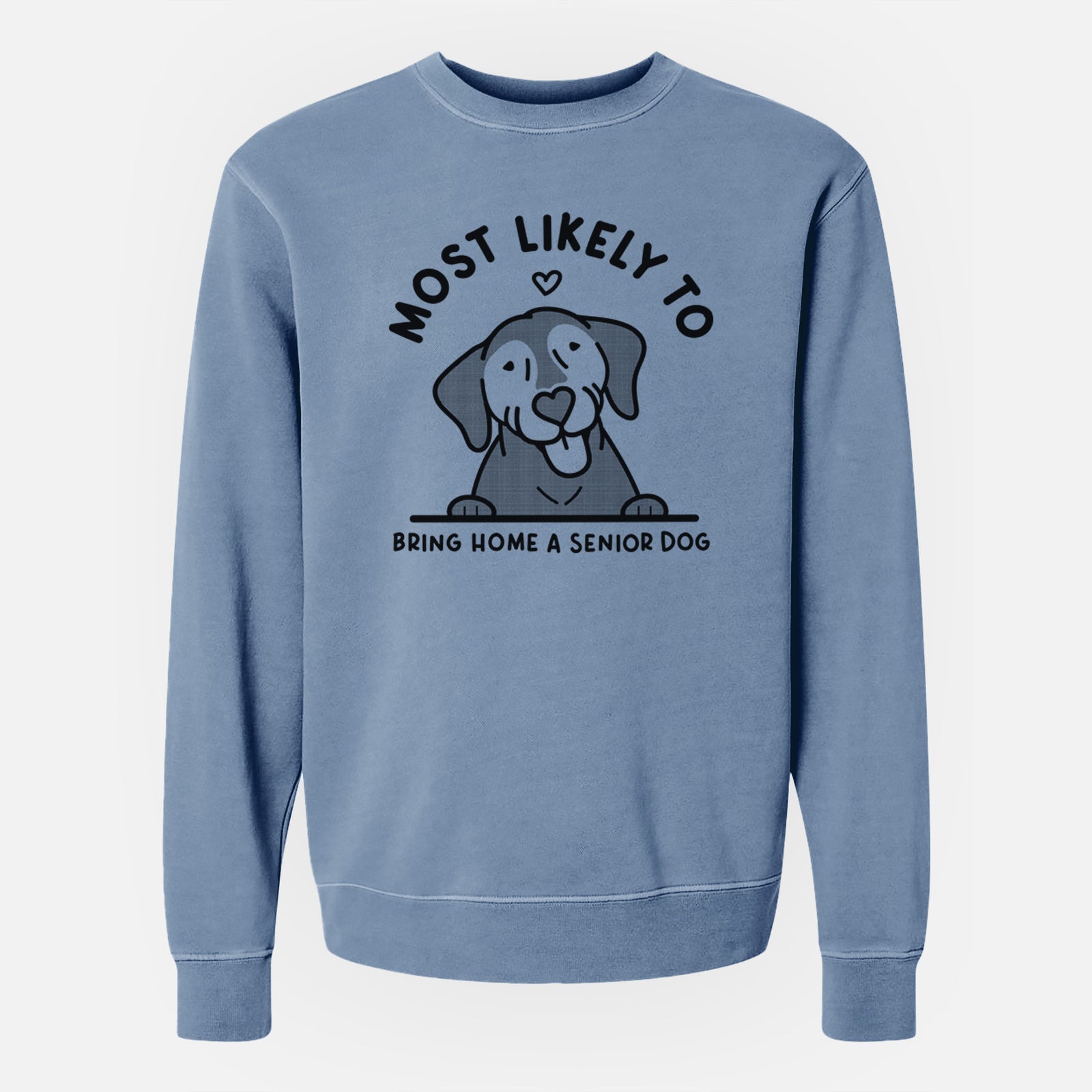 'Most Likely to Bring Home a Senior Dog' design on a Slate Blue Unisex pigment dyed crew sweatshirt