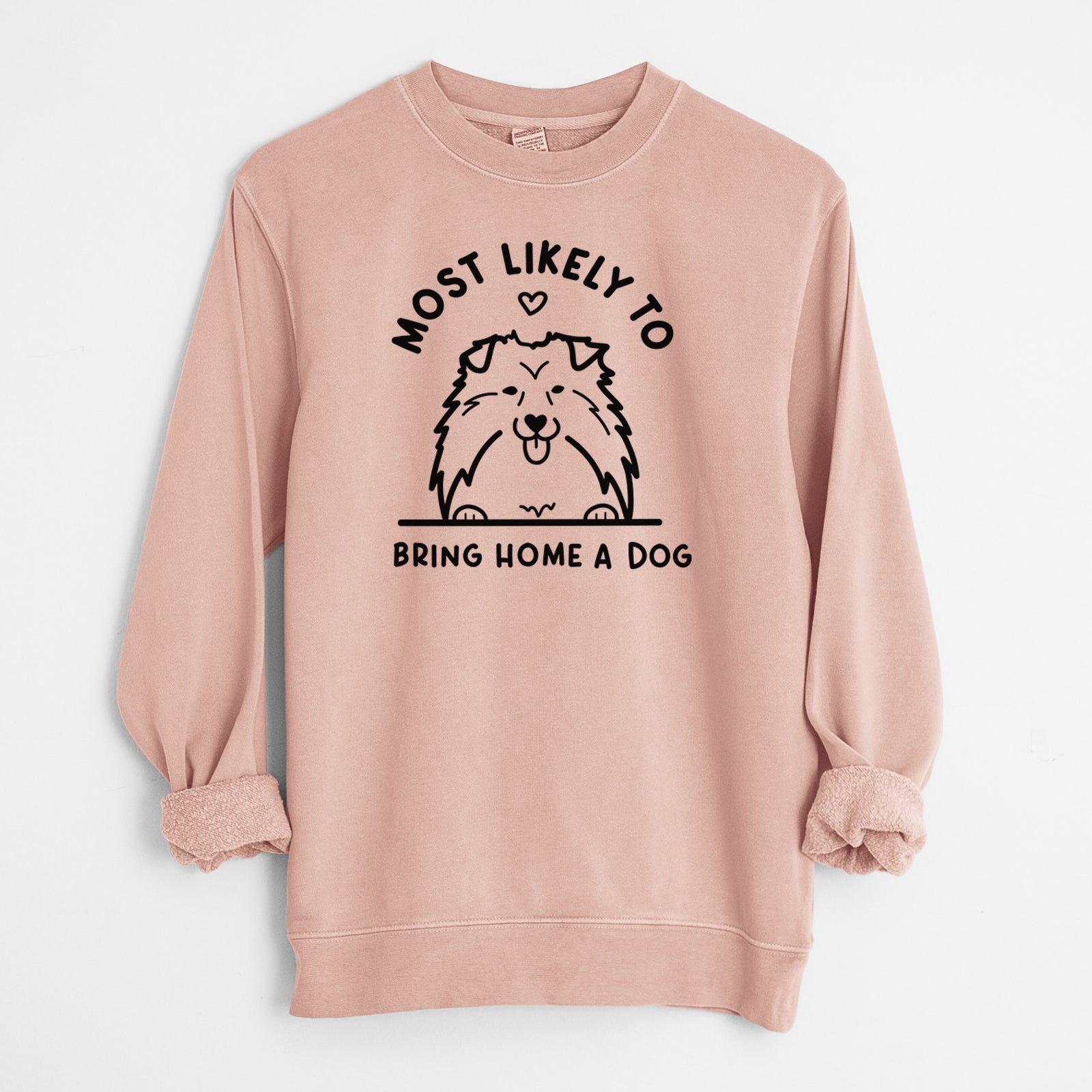 Most Likely to Bring Home a Dog - Shetland Sheepdog - Unisex Pigment Dyed Crew Sweatshirt in Dusty Pink