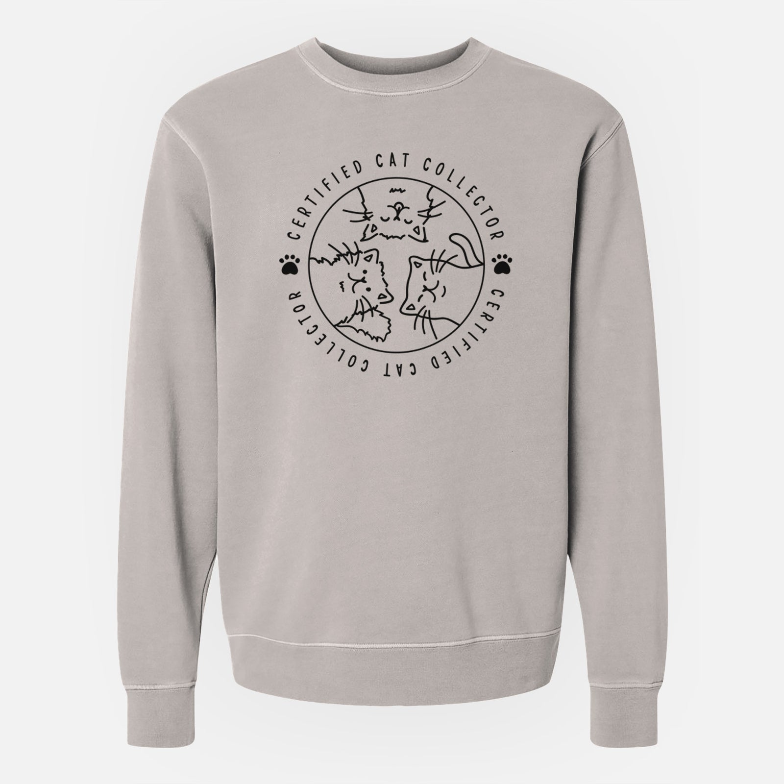 'Certified Cat Collector' design on a Cement Unisex pigment dyed crew sweatshirt