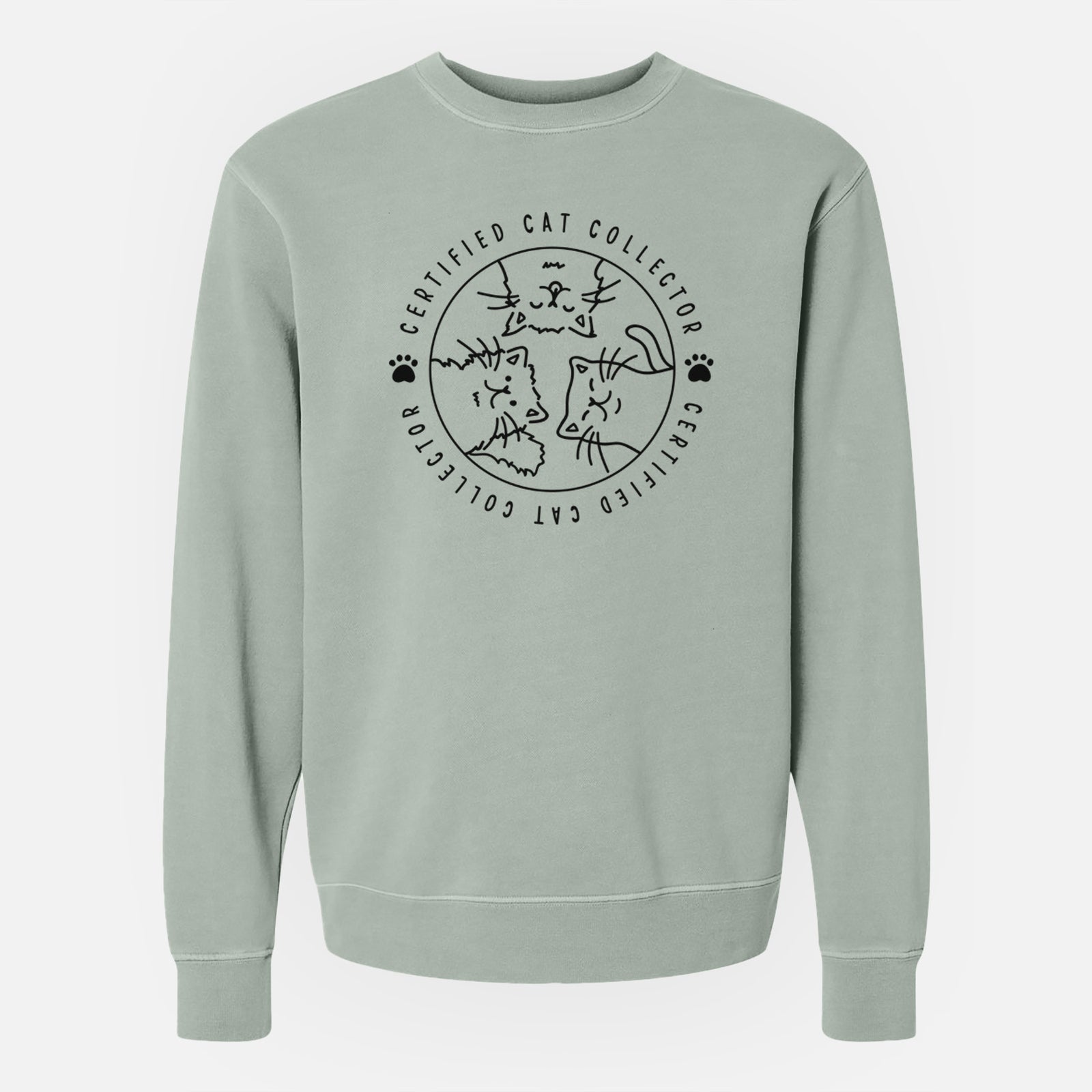 'Certified Cat Collector' design on a Sage Unisex pigment dyed crew sweatshirt
