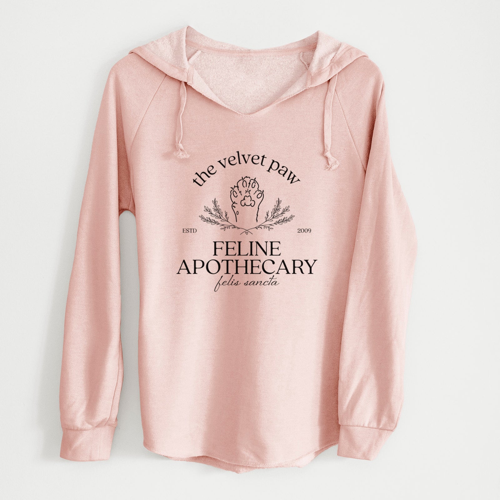 'The Velvet Paw – Feline Apothecary' design on a Blush Cali Wave Hooded Sweatshirt
