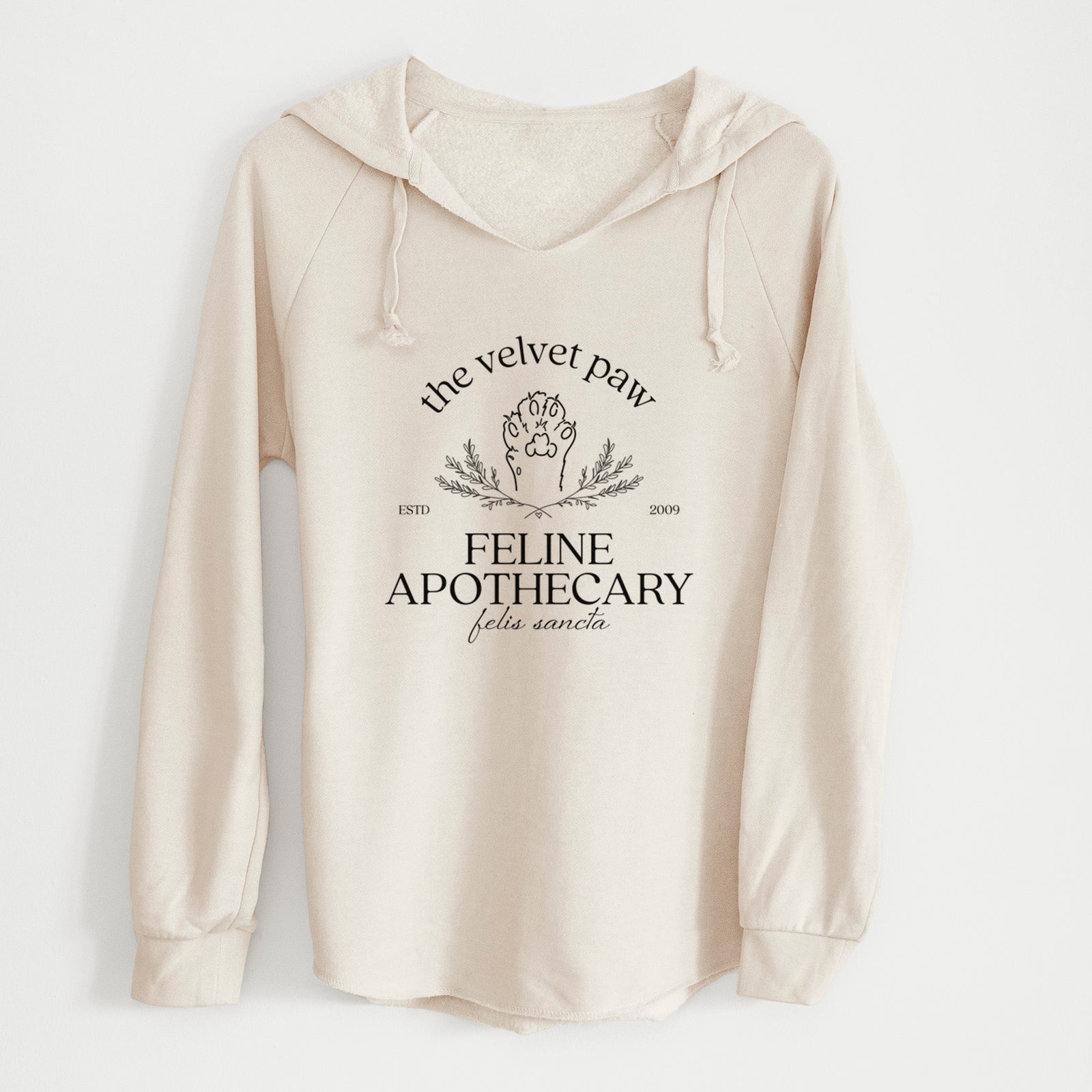 'The Velvet Paw – Feline Apothecary' design on a Bone Cali Wave Hooded Sweatshirt