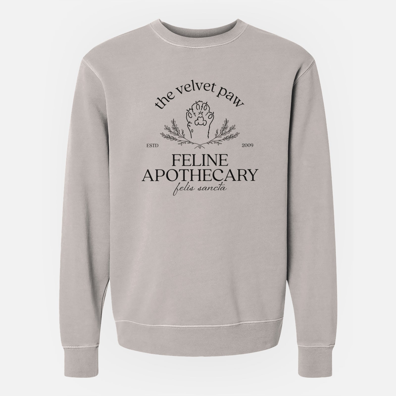 'The Velvet Paw – Feline Apothecary' design on a Cement Unisex pigment dyed crew sweatshirt