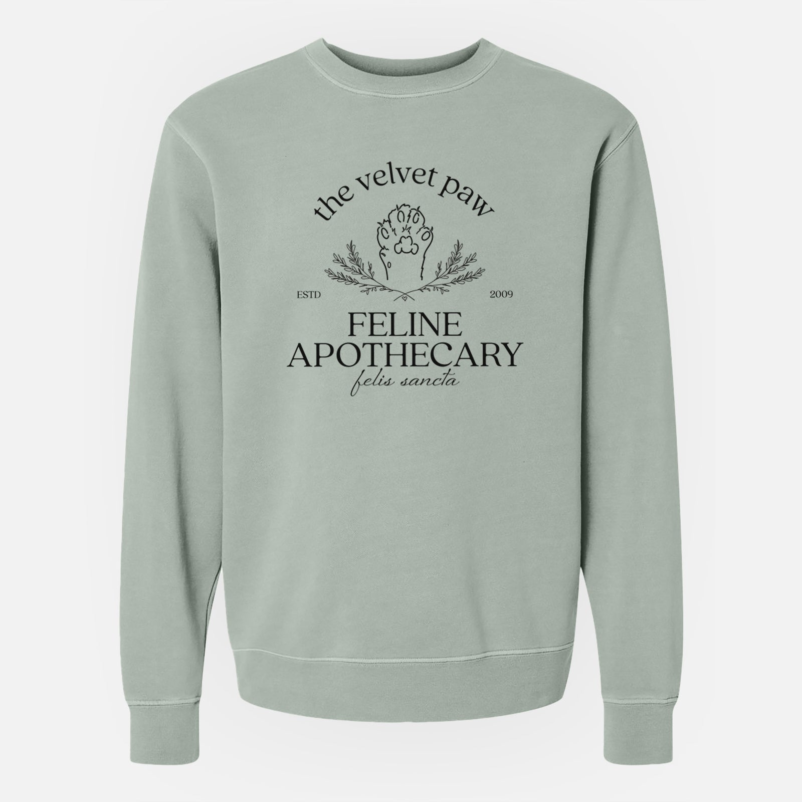 'The Velvet Paw – Feline Apothecary' design on a Sage Unisex pigment dyed crew sweatshirt