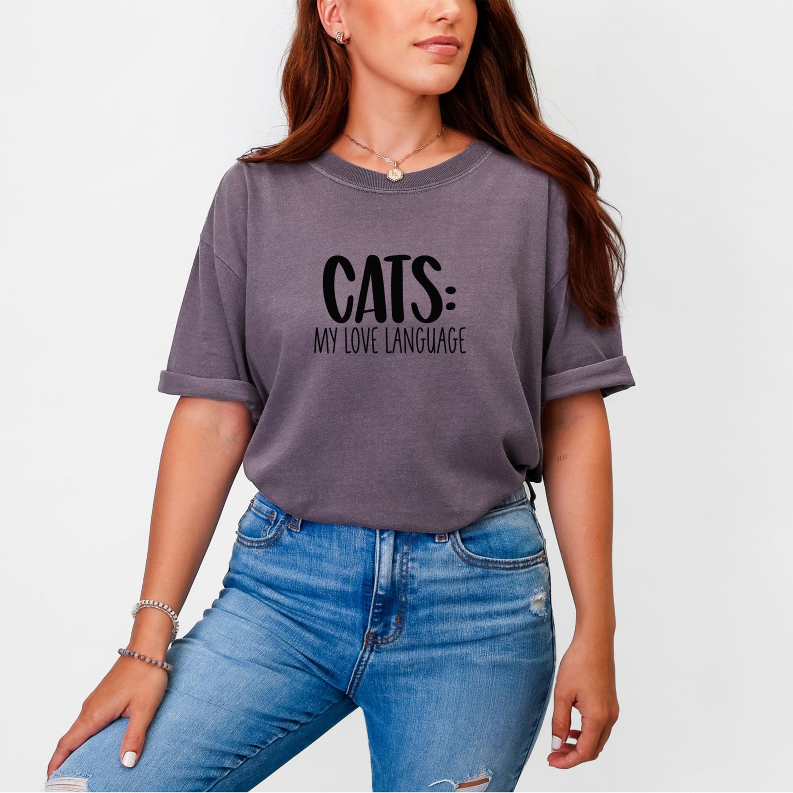Cats: My Love Language - Unisex Comfort Colors Garment-Dyed Heavyweight T-shirt, worn by model