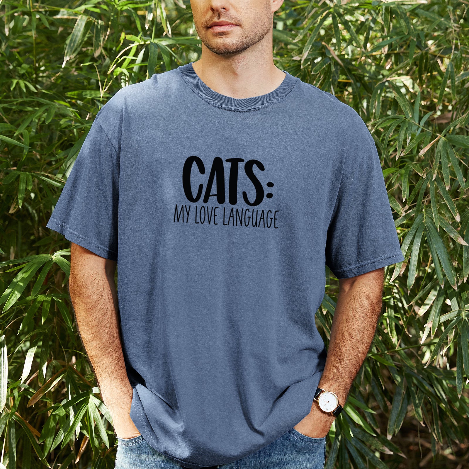 Cats: My Love Language - Unisex Comfort Colors Garment-Dyed Heavyweight T-shirt, worn by model