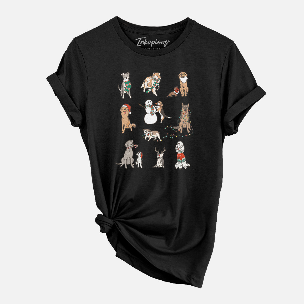 'Christmas Pups' design on a Black Unisex crewneck, worn by a woman