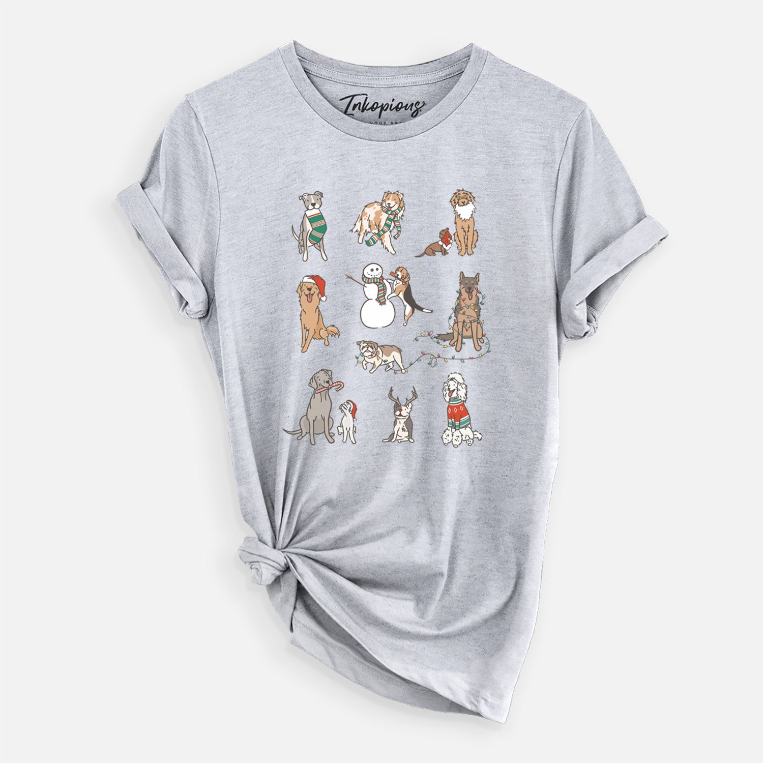 'Christmas Pups' design on a Grey Unisex crewneck, worn by a woman