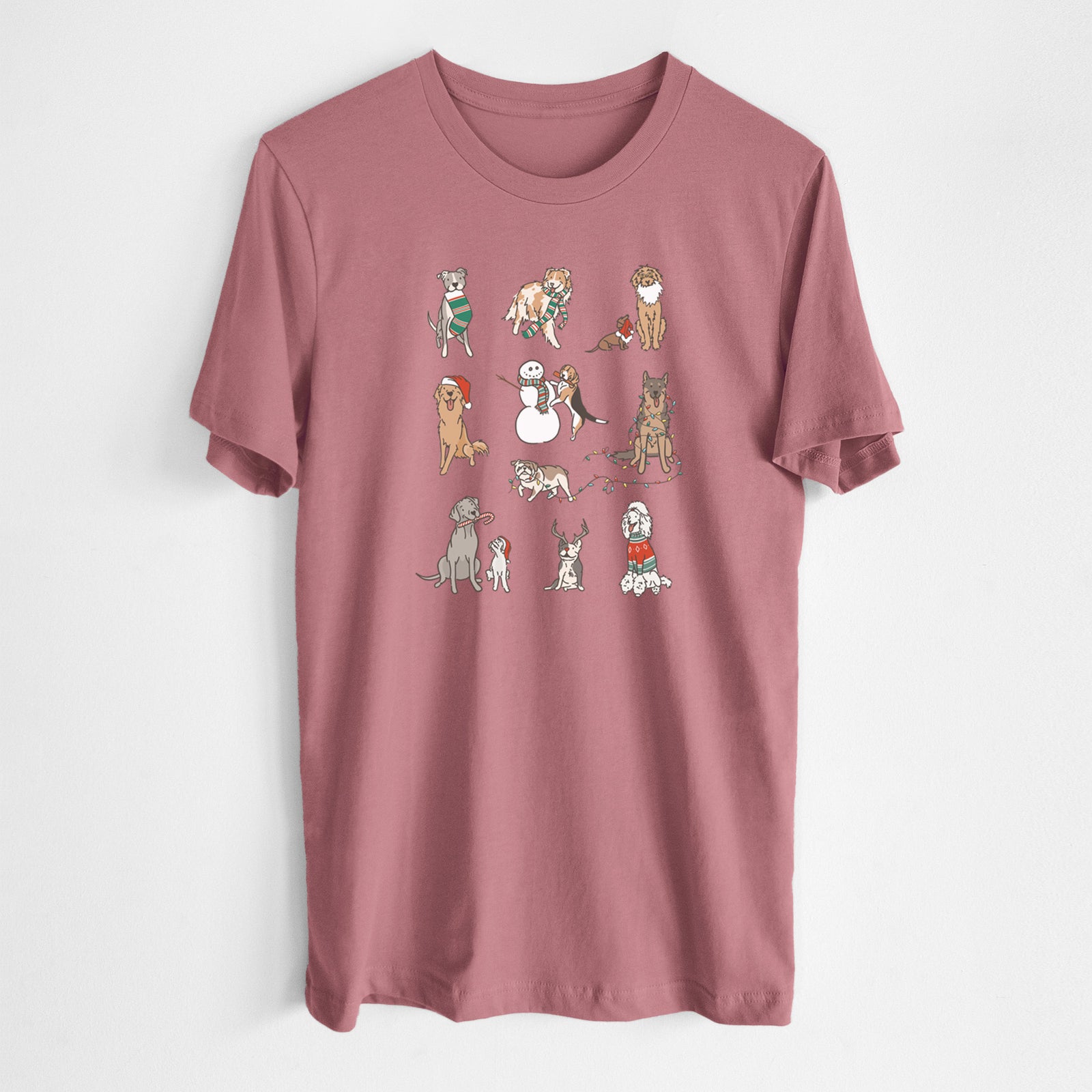 'Christmas Pups' design on a Mauve Unisex crewneck, worn by a man