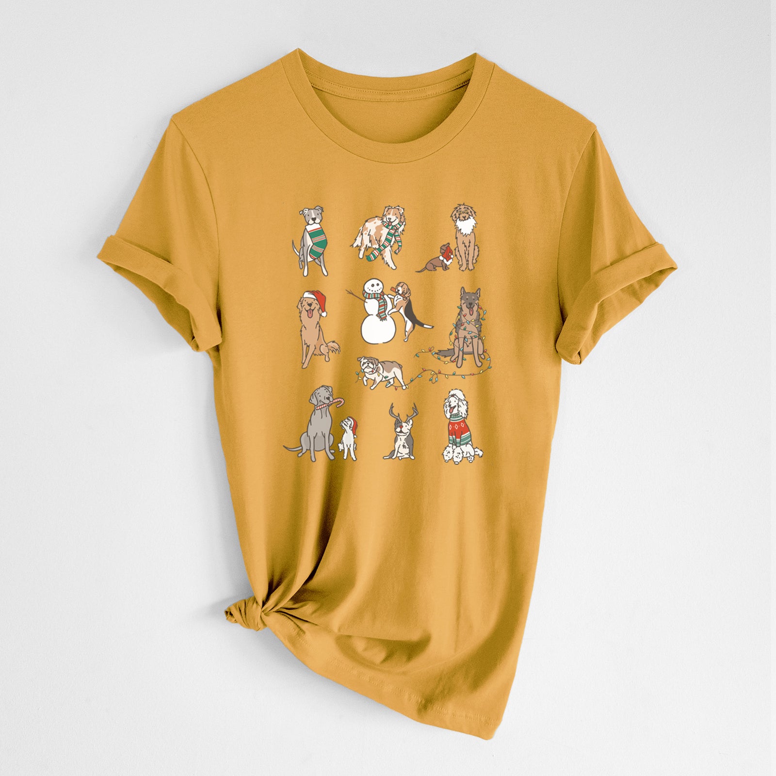 'Christmas Pups' design on a Mustard Unisex crewneck, worn by a woman