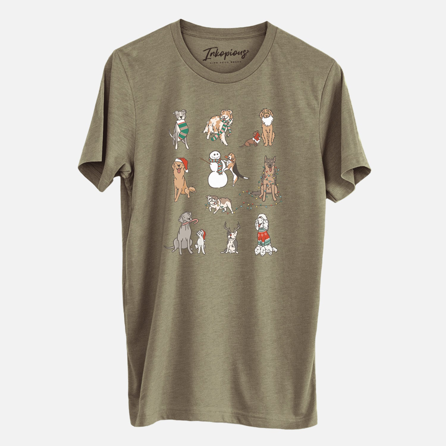 'Christmas Pups' design on an Olive Unisex crewneck, worn by a man
