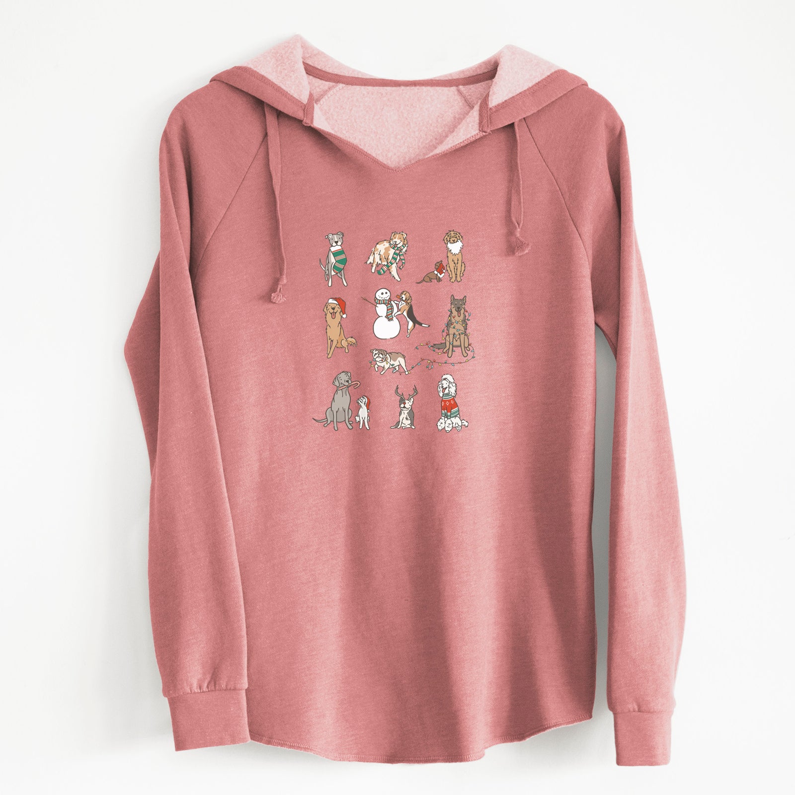 'Christmas Pups' design on a Dusty Rose Cali Wave Hooded Sweatshirt