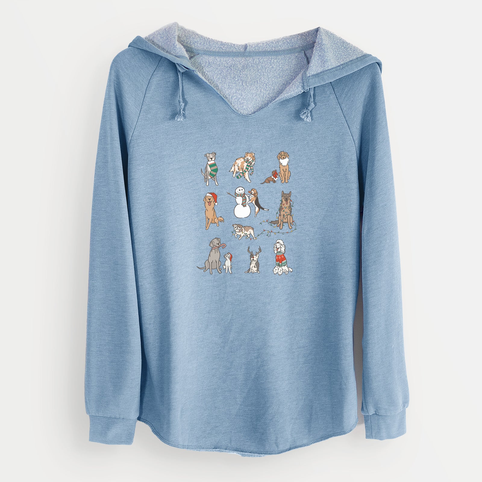 'Christmas Pups' design on a Misty Blue Cali Wave Hooded Sweatshirt