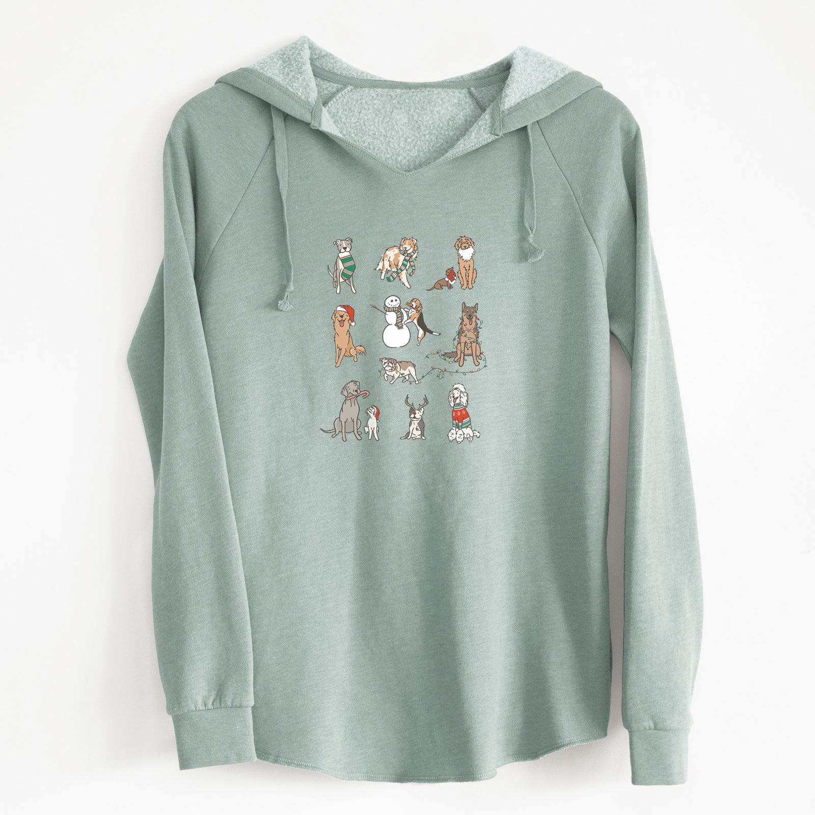 'Christmas Pups' design on a Sage Cali Wave Hooded Sweatshirt
