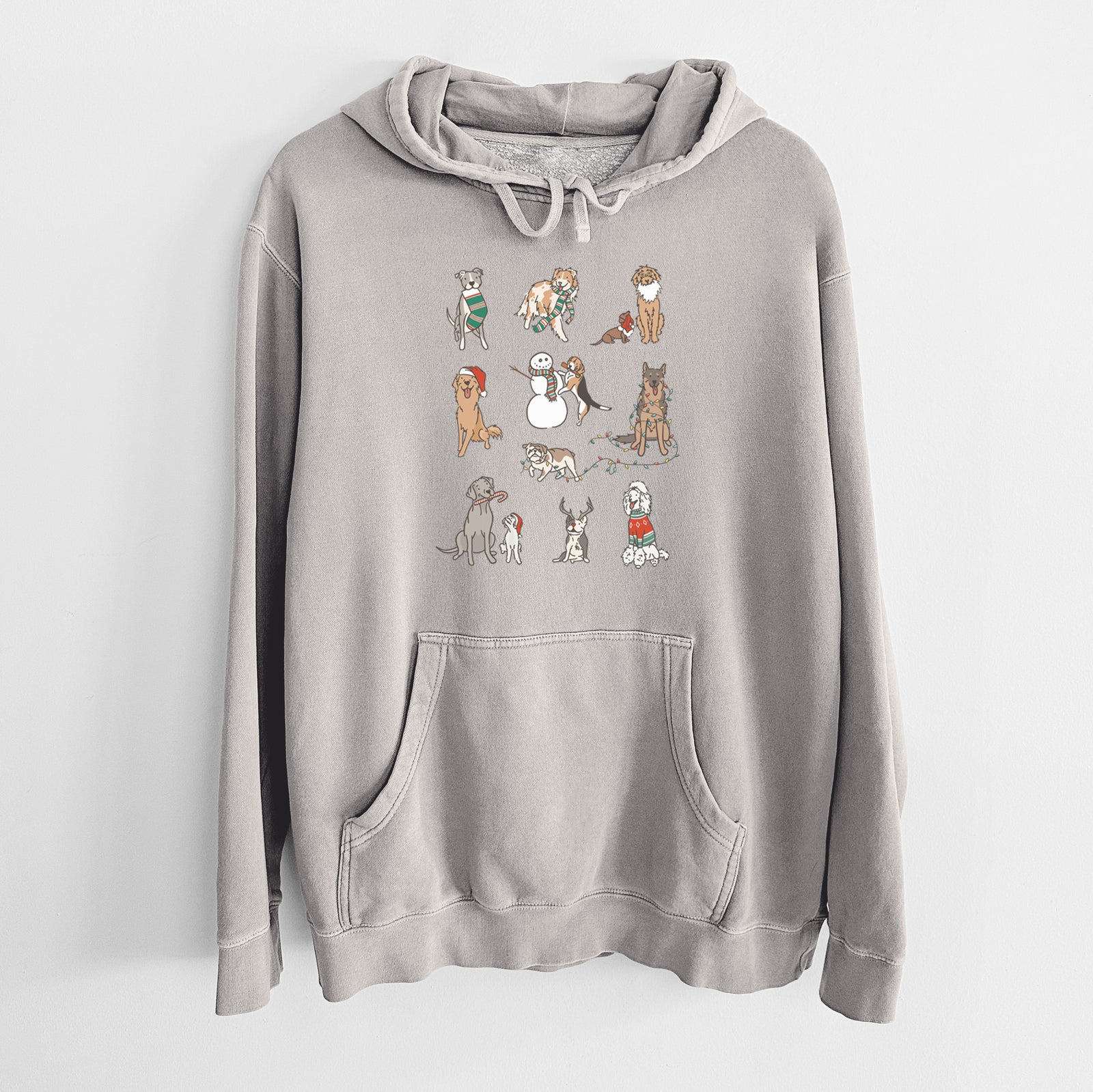 'Christmas Pups' design on a Cement Unisex pigment dyed hoodie
