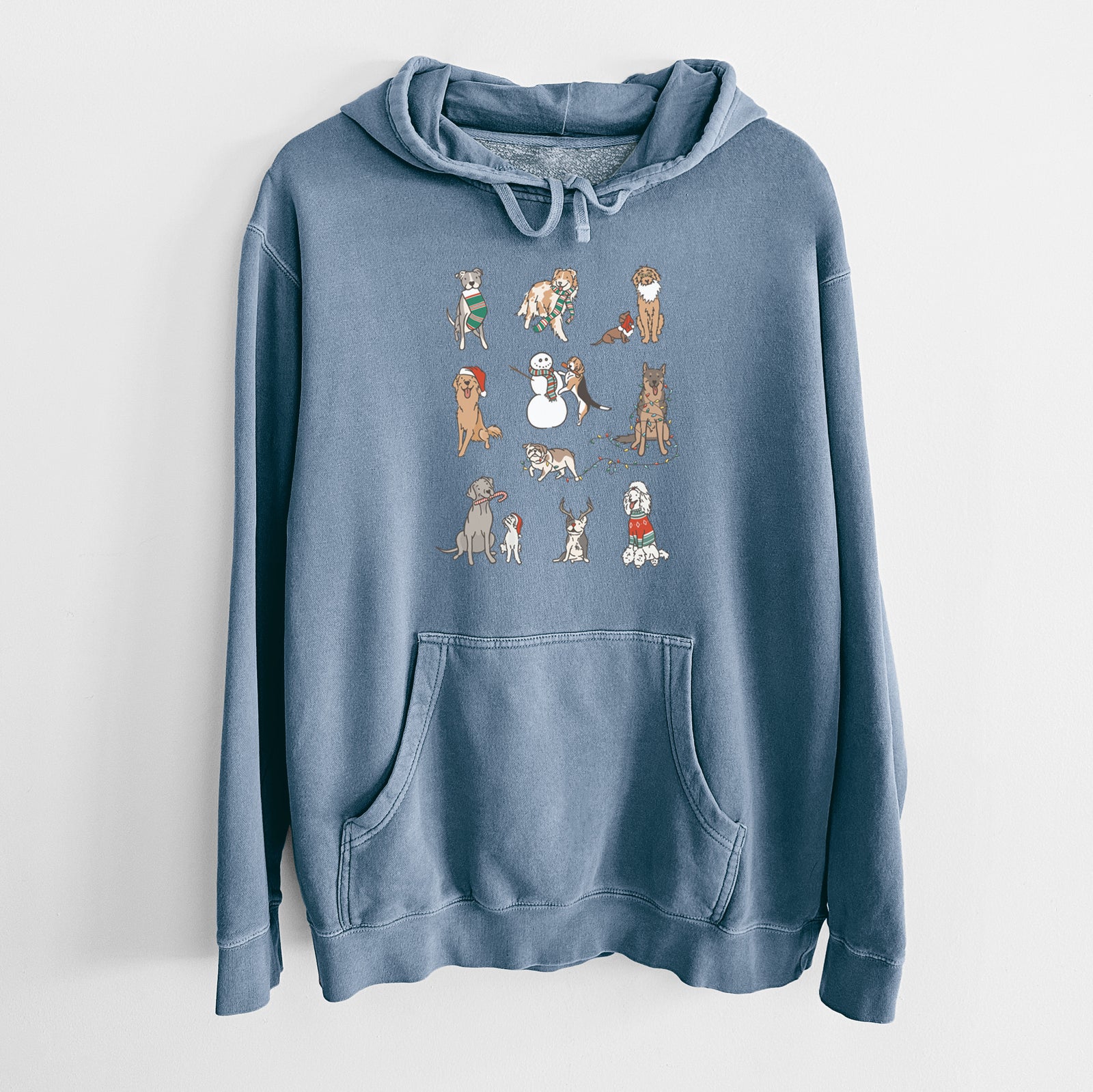 'Christmas Pups' design on a Slate Blue Unisex pigment dyed hoodie