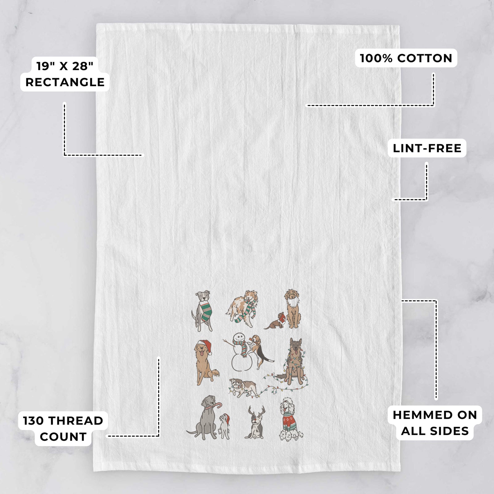 'Christmas Pups' design on a tea towel, with feature callouts: 19 x 28 inch rectangle, 100% cotton, lint-free, 120 thread count, hemmed on all sides