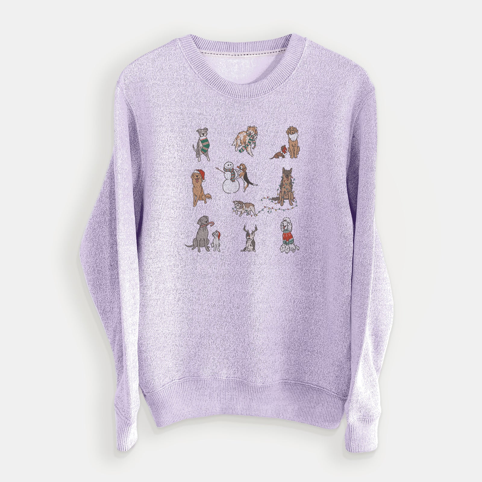 'Christmas Pups' design on an Ice Purple knit sweatshirt