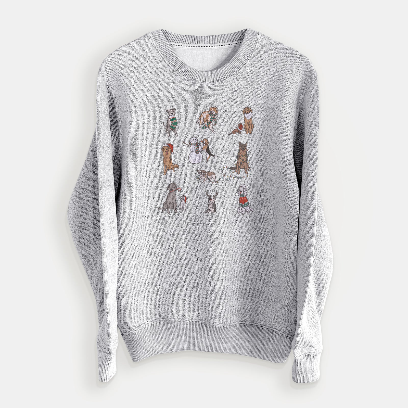 'Christmas Pups' design on a Salt Pepper knit sweatshirt