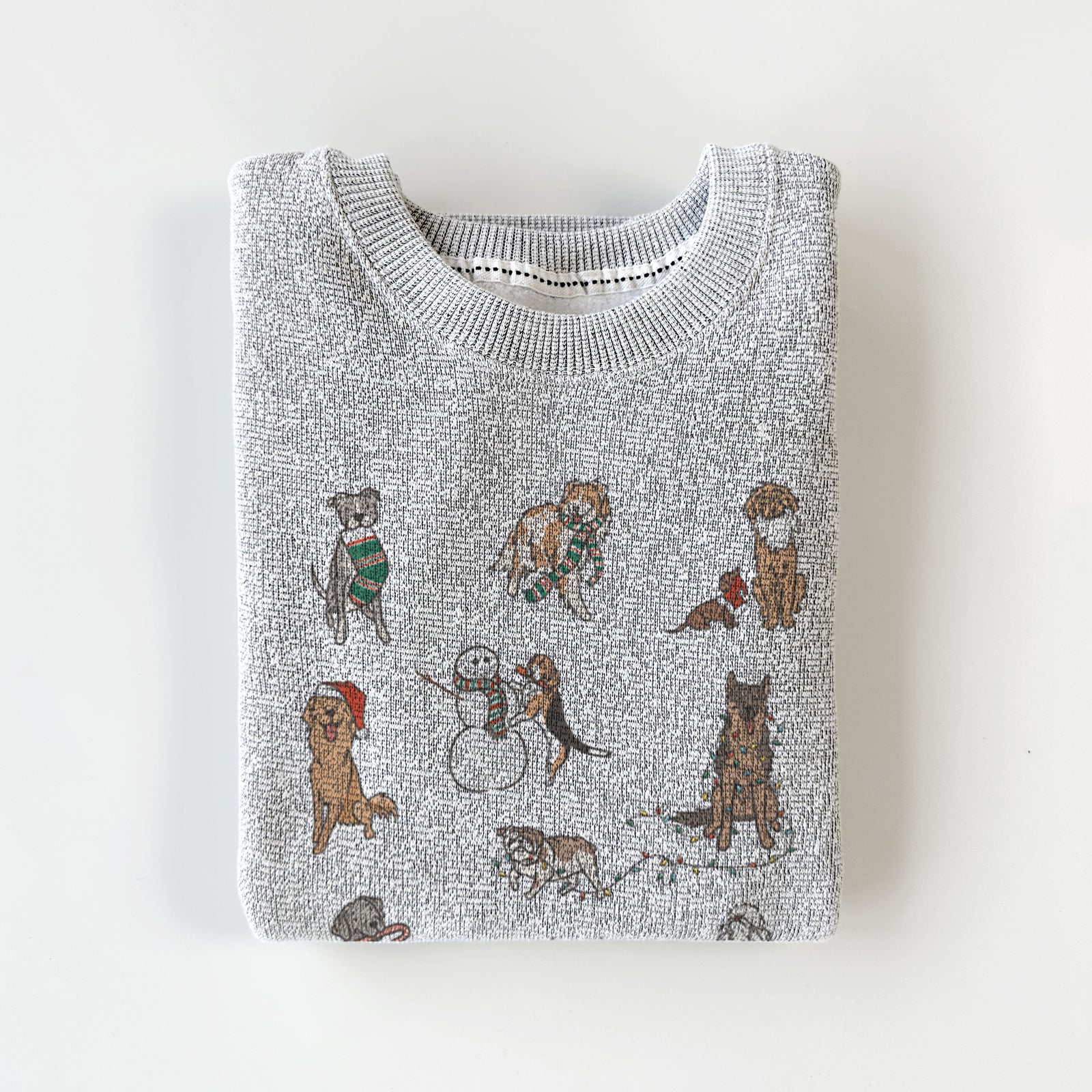 'Christmas Pups' design on a Salt Pepper knit sweatshirt