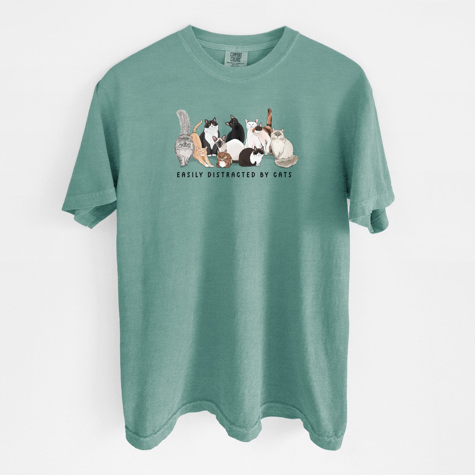 Vibrant Easily Distracted by Cats - Unisex Comfort Colors Garment-Dyed Heavyweight T-shirt in Reef Green