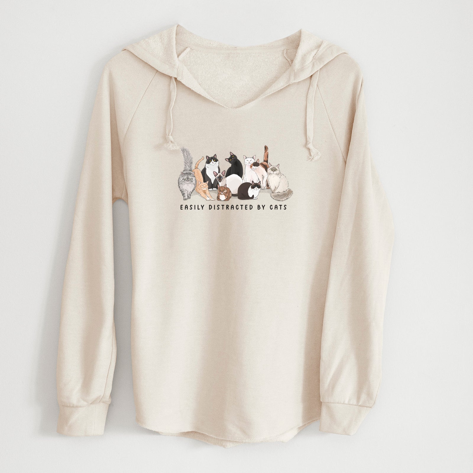 'Vibrant Easily Distracted by Cats' design on a Black Cali Wave Hooded Sweatshirt