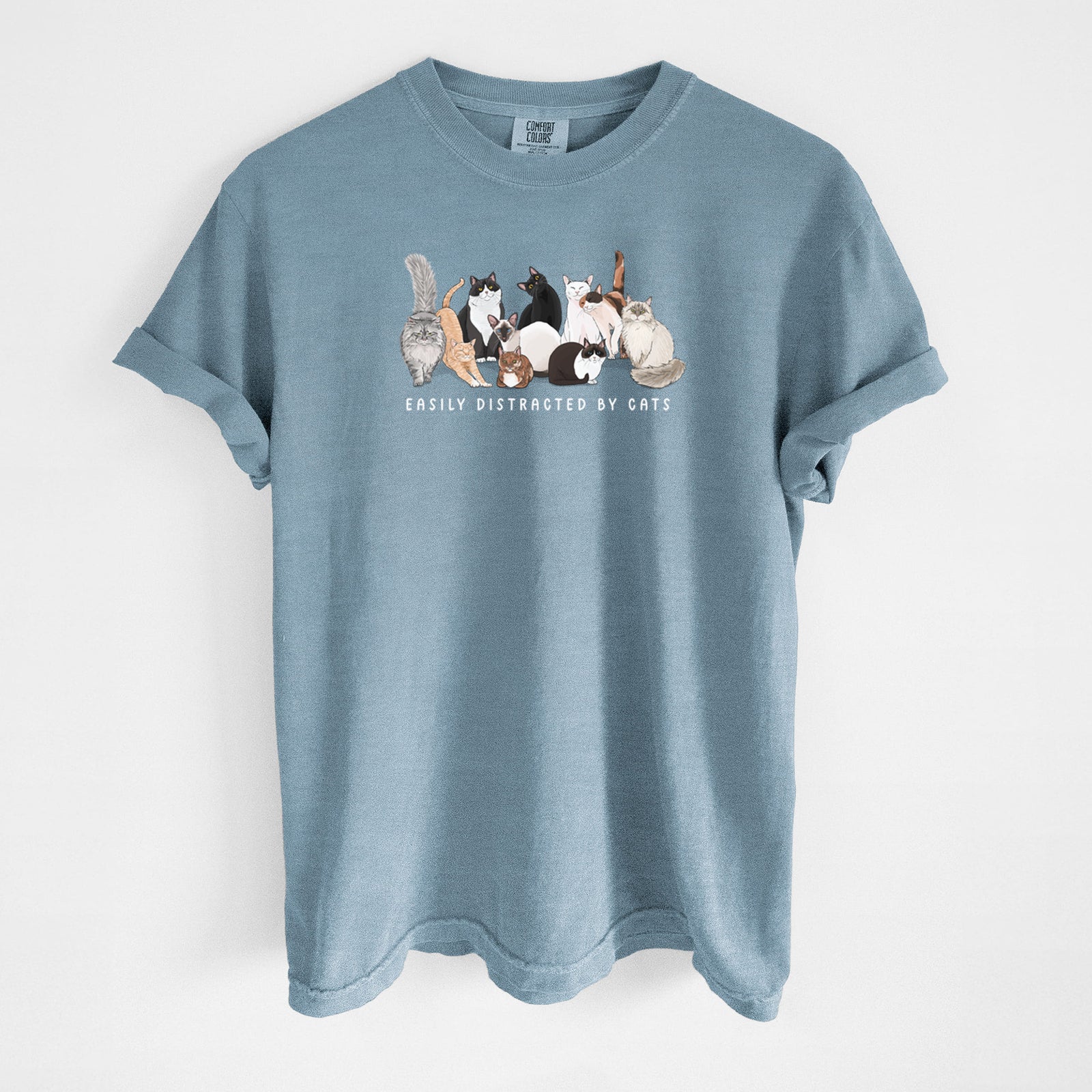 Vibrant Easily Distracted by Cats - Unisex Comfort Colors Garment-Dyed Heavyweight T-shirt in Steel Blue