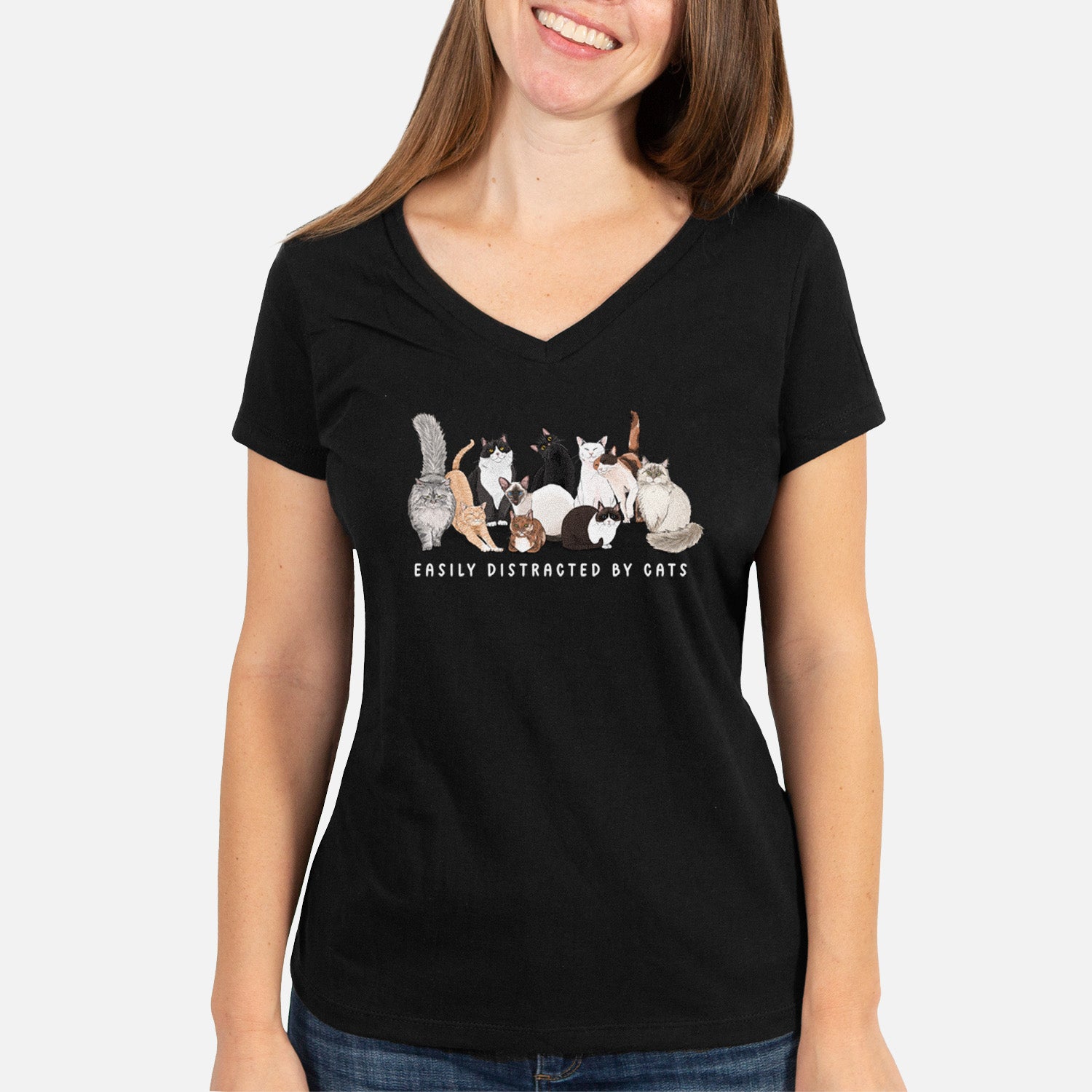 Vibrant Easily Distracted by Cats - Women's Perfect V-neck Shirt